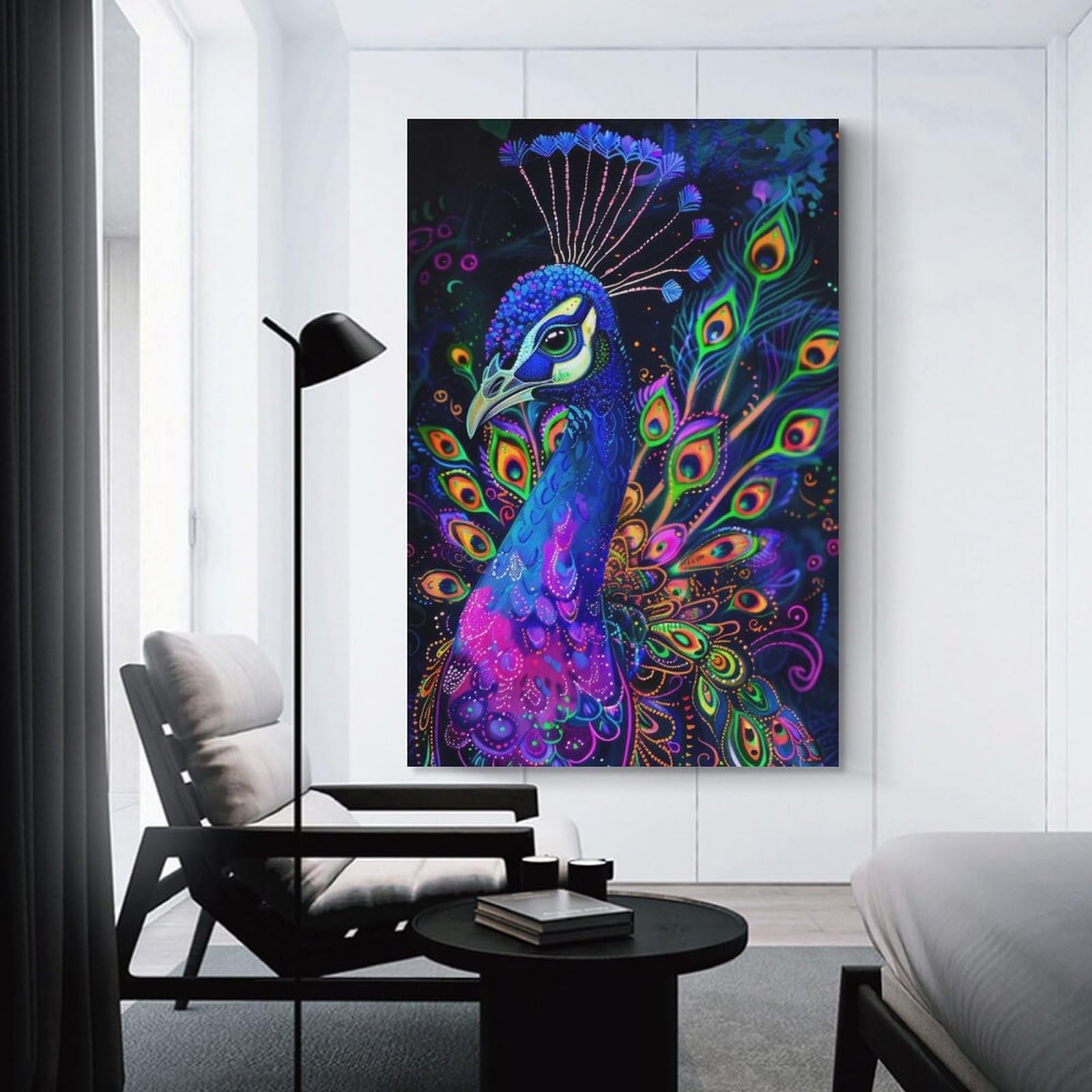 Junmoney Neon Peacock Portrait Decorative Wall Artwork, 12x18inch(30x45cm), for Hallway, Lounge Or Guest Room, Decorative Present for New Homes