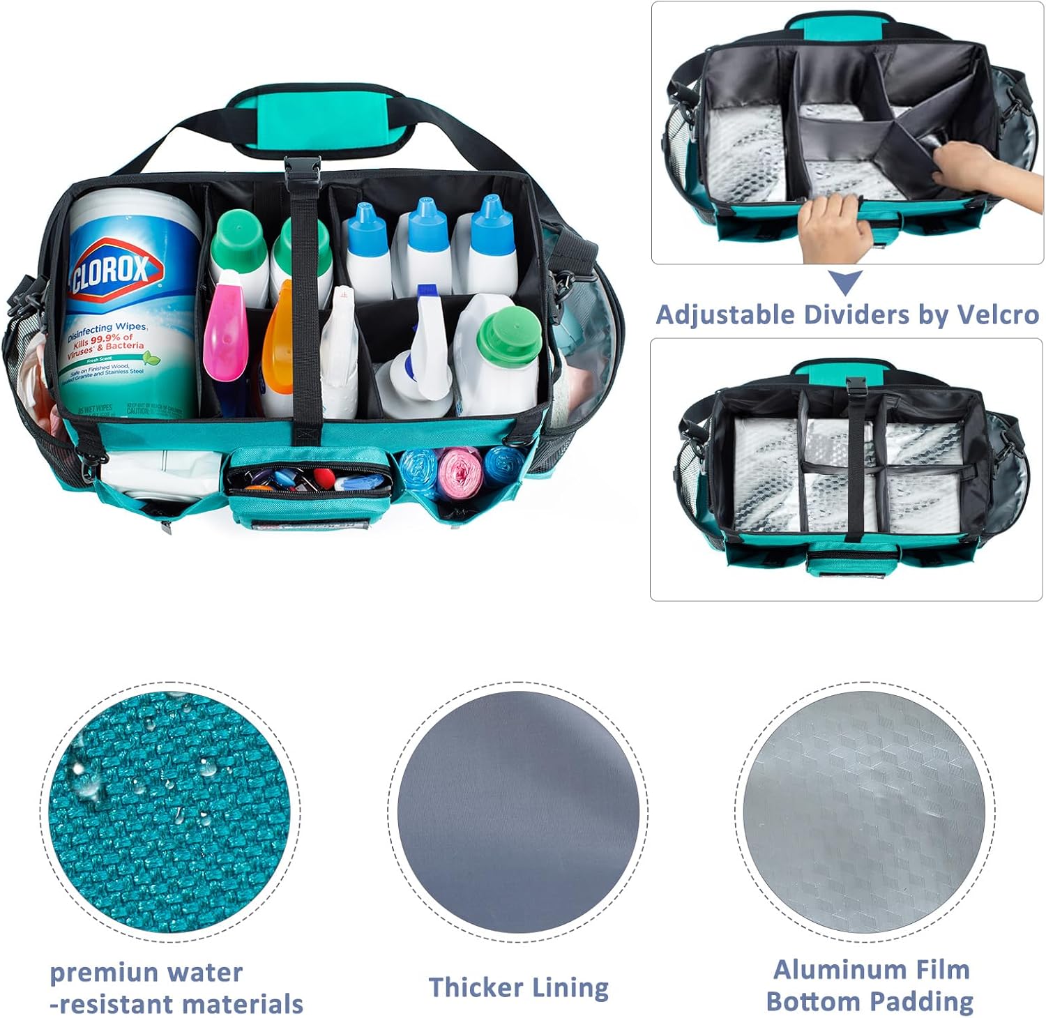 Large Cleaning Supplies Organizer-Cleaning Caddy Organizer With Handles & Shoulder Strap-Cleaning Bags for Cleaning Suppliers-Housekeepers Wearable Cleaning Tote 2023 Upgraded, Teal