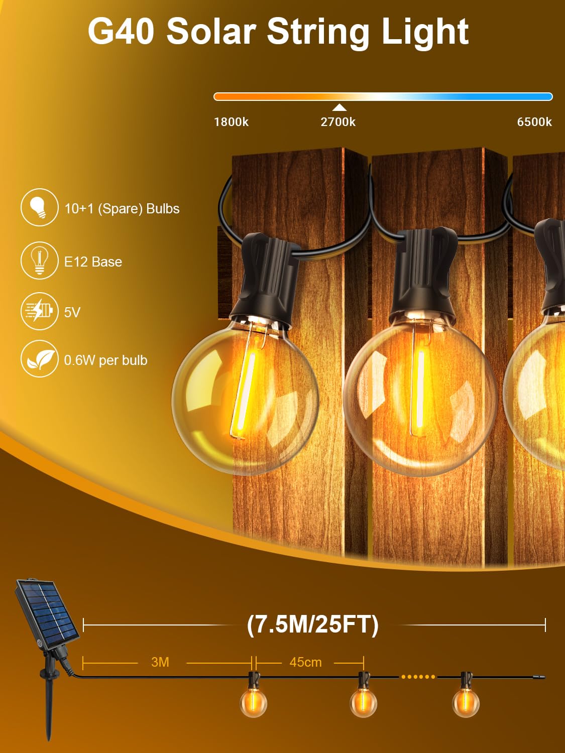 Guirlande Solaire Exterieur, Guirlande Lumineuse Exterieure Solaire avec G40 Ampoules, 8 Modes Étanche IP44 Guirlande Guinguette Extérieur pour Jardin Terrasse Mariage Fête (7.5m-Solaire)