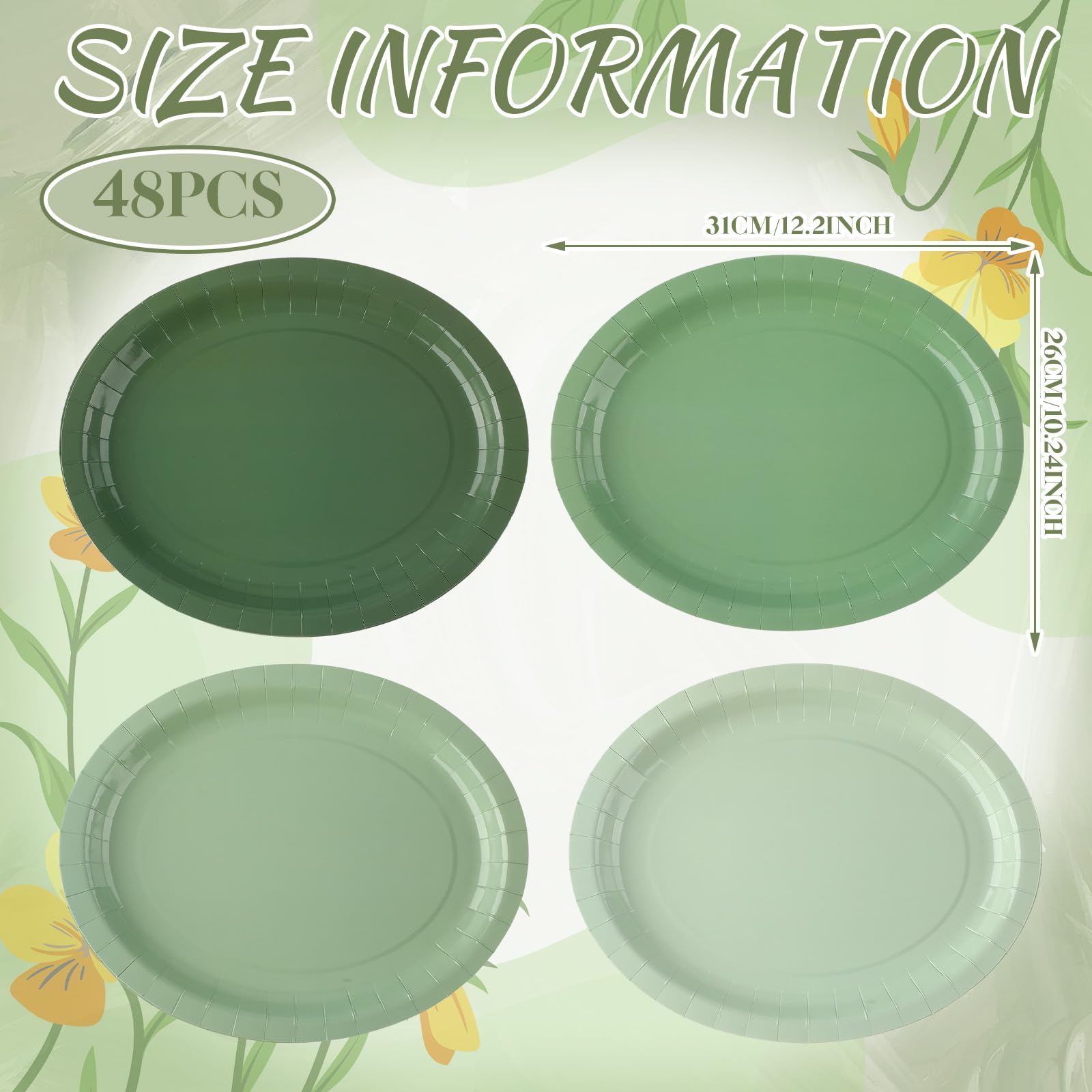 Geyoga 48 piatti ovali di carta usa e getta resistenti, 25,4 x 30,5 cm, colore verde salvia, ideali per feste, dessert, cene, compleanni, matrimoni, baby shower