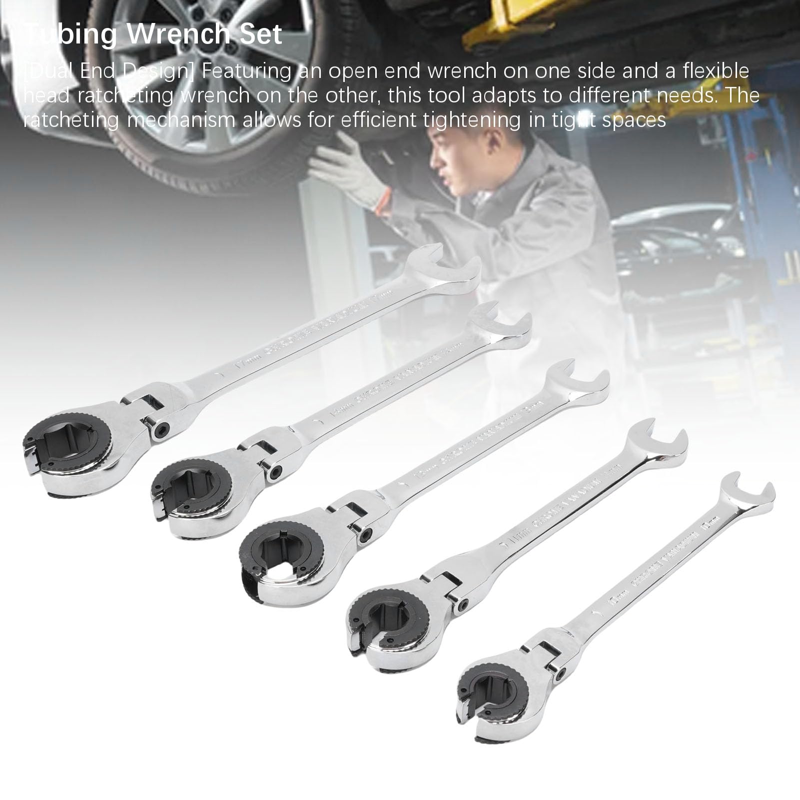 Juego de 5 Llaves de Carraca de Doble Boca con Cabezal Flexible, 10 11 13 14 17 mm Acero CR V 72 Dientes Ajustable a 180 Grados para Mantenimiento de Automóviles