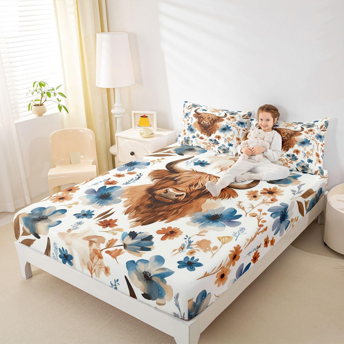 Loussiesd Urocza krowa górska prześcieradło z gumką w rozmiarze king size dla dzieci chłopców dziewcząt górskie bydło zestaw pościeli 40 cm głęboka kieszeń miękka oddychająca pościel z dzikim