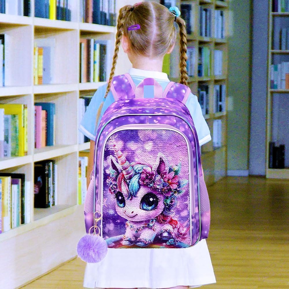 3Pcs Unicorn Backpack for Girls, 16" Kids Bookbag with Lunch Box，School Backpacks for Elementary Preschool Kindergarten (Purple)