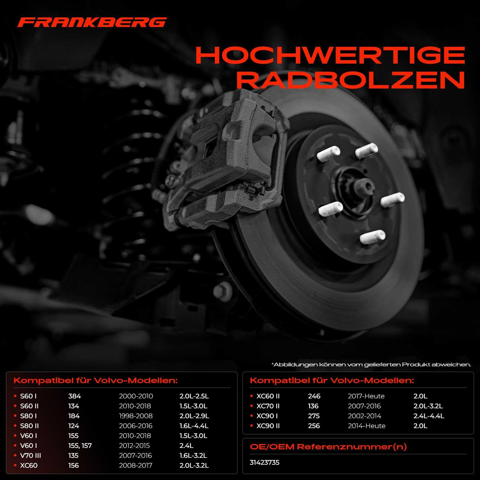Frankberg 20x Radbolzen Radschraube 31423735 | Kompatibel mit XC60 II 246, S80 II 124, V60 II 225 227, V70 II 285, XC60 156, V60 I Cross Country 157, S60 I 384