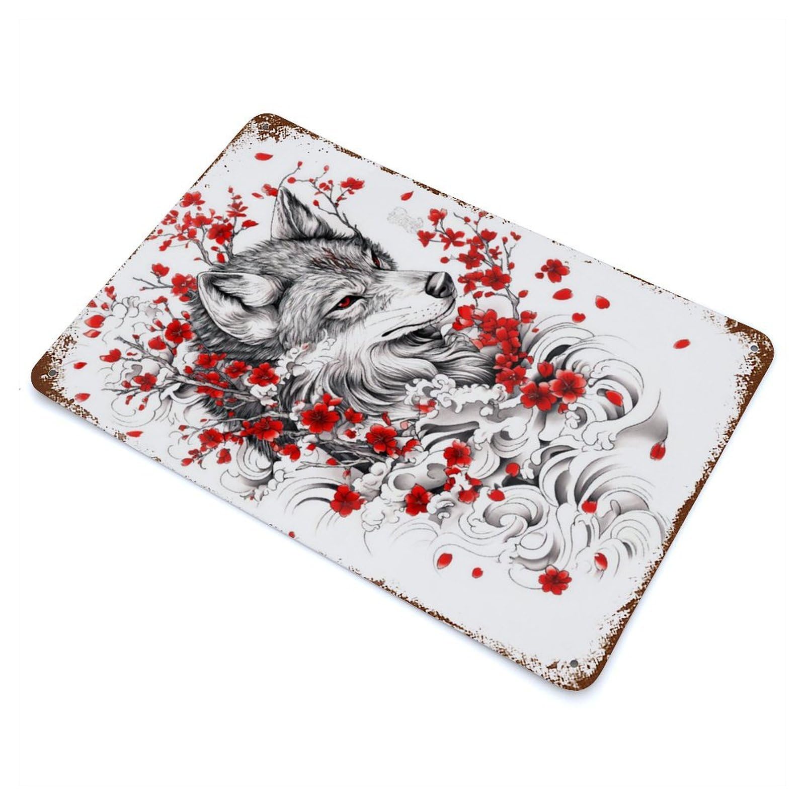 Garage Style Wolf with Cherry Blossoms Decorative Tin Sign 11.8"x7.9", Industrial Home Decor for Bar And Workshop