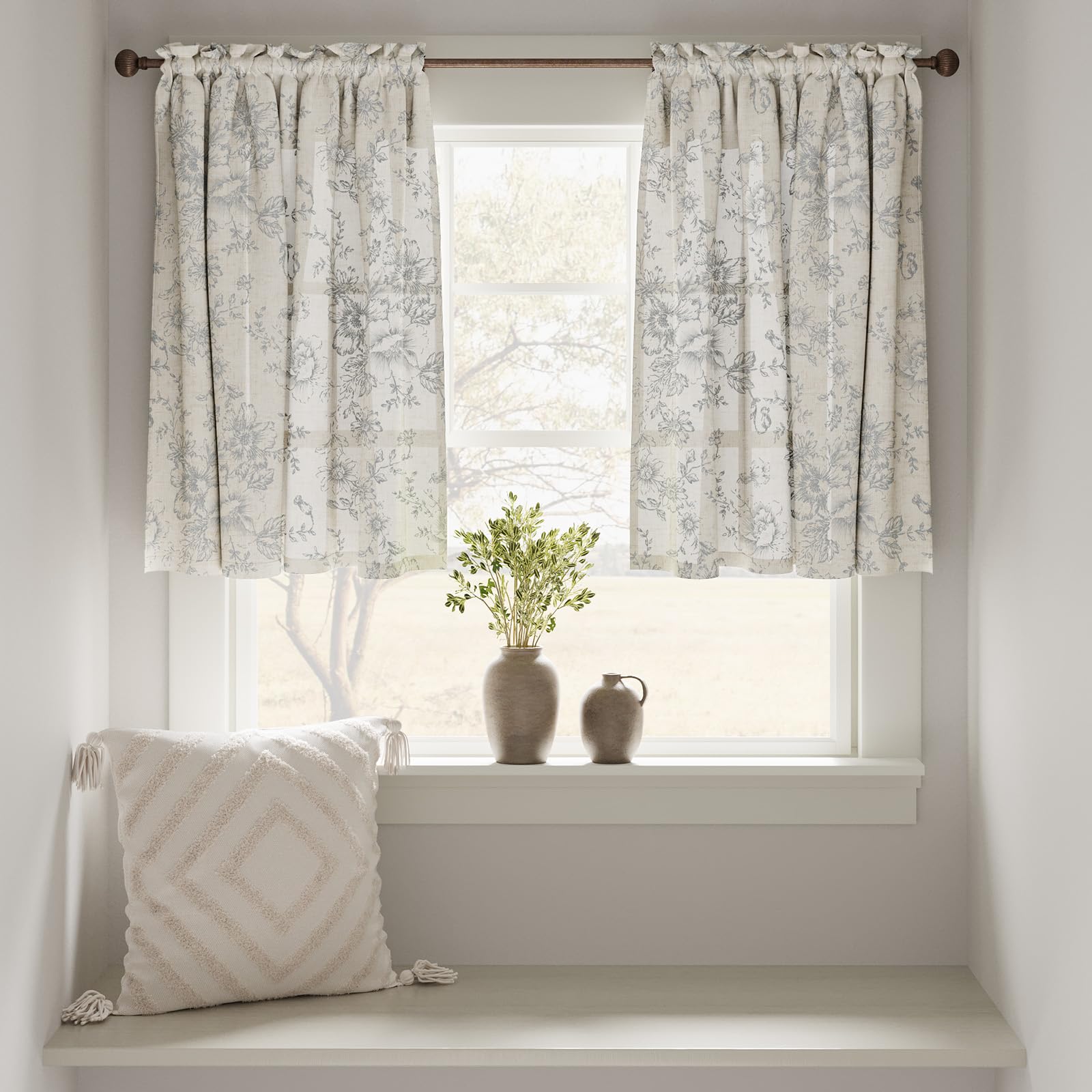 TOPICK Linen Blend Grey Floral Kitchen Curtains 24 Inch Drop Small Cafe Curtains Light Filtering Short Curtain Tiers for Bathroom Sink Rod Pocket 2 Panels - Image 2