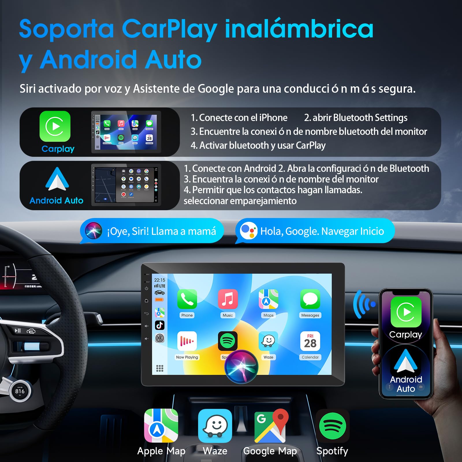 Haudio Estéreo de Coche Giratorio 360°, 1 DIN Radio con CarPlay y Android Auto Inalámbricos, Pantalla IPS 10,1'' con Cámara Trasera 720P, Mirror Link,Control Voz, Radio RDS/FM/AM para Todos los Coches