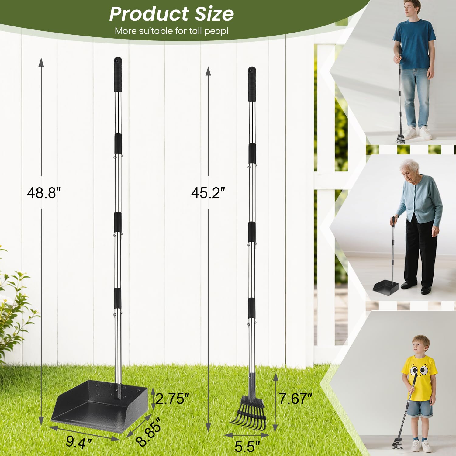 Łopatka dla psa, 106 cm, z regulowanym długim uchwytem, trwała metalowa taca do grabienia, łopatka dla dużych, średnich i małych psów, szufelka do odchodów do trawników, trawy, brudu, żwiru,