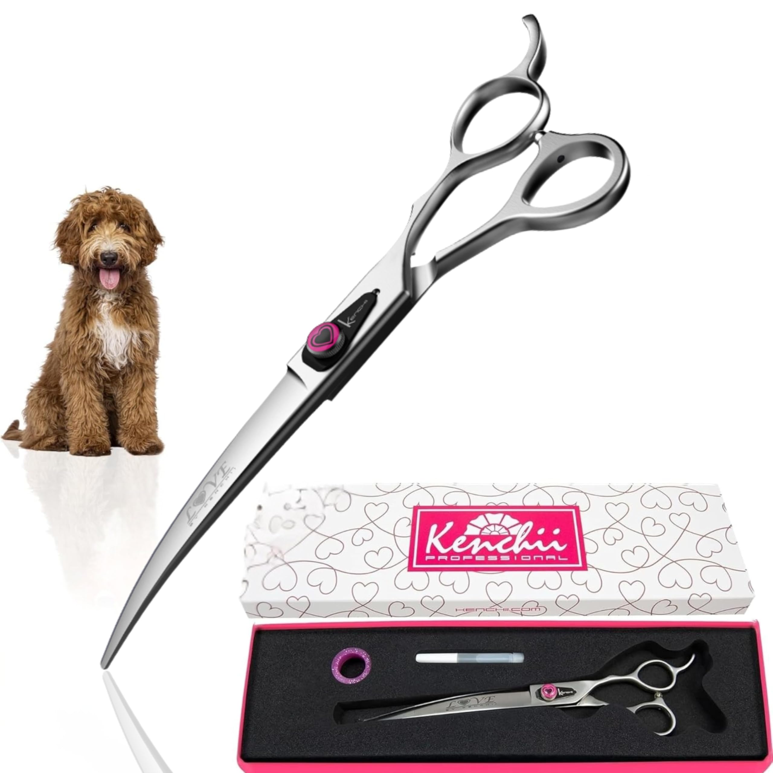 Kenchii Dog Grooming Scissors | 7 Inch Shears | Curved Scissors for Dog Grooming | Love Collection Dog Shears | Pet Grooming Accessories | Pet Hair Trimming Scissor