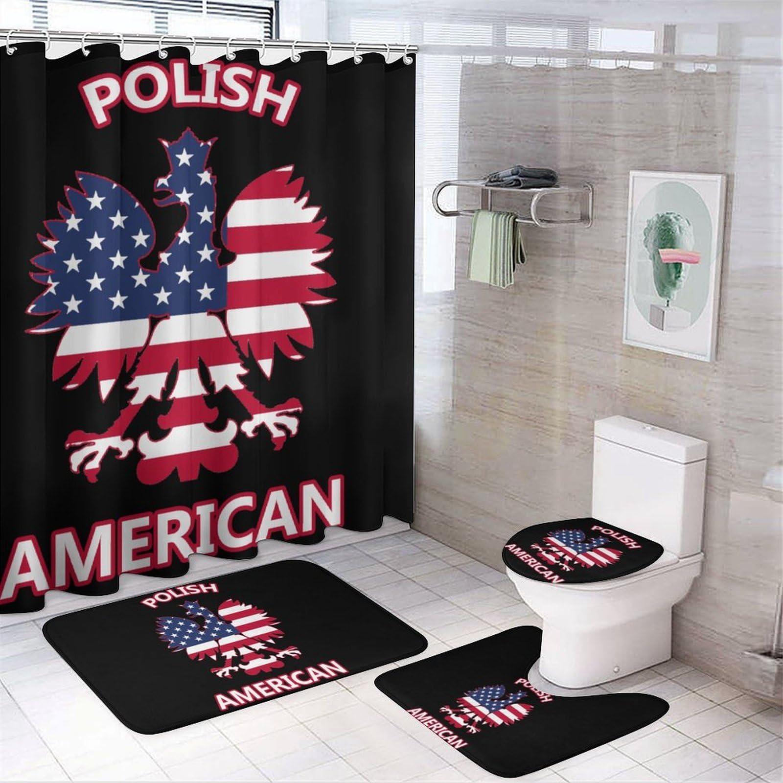 CGSBNGHA Polish Americans-Flag Ea-gles Shower Curtain Set 4 Piece Bathroom Sets with Rugs Toilet Lid Cover And U-Shaped Floor Mat