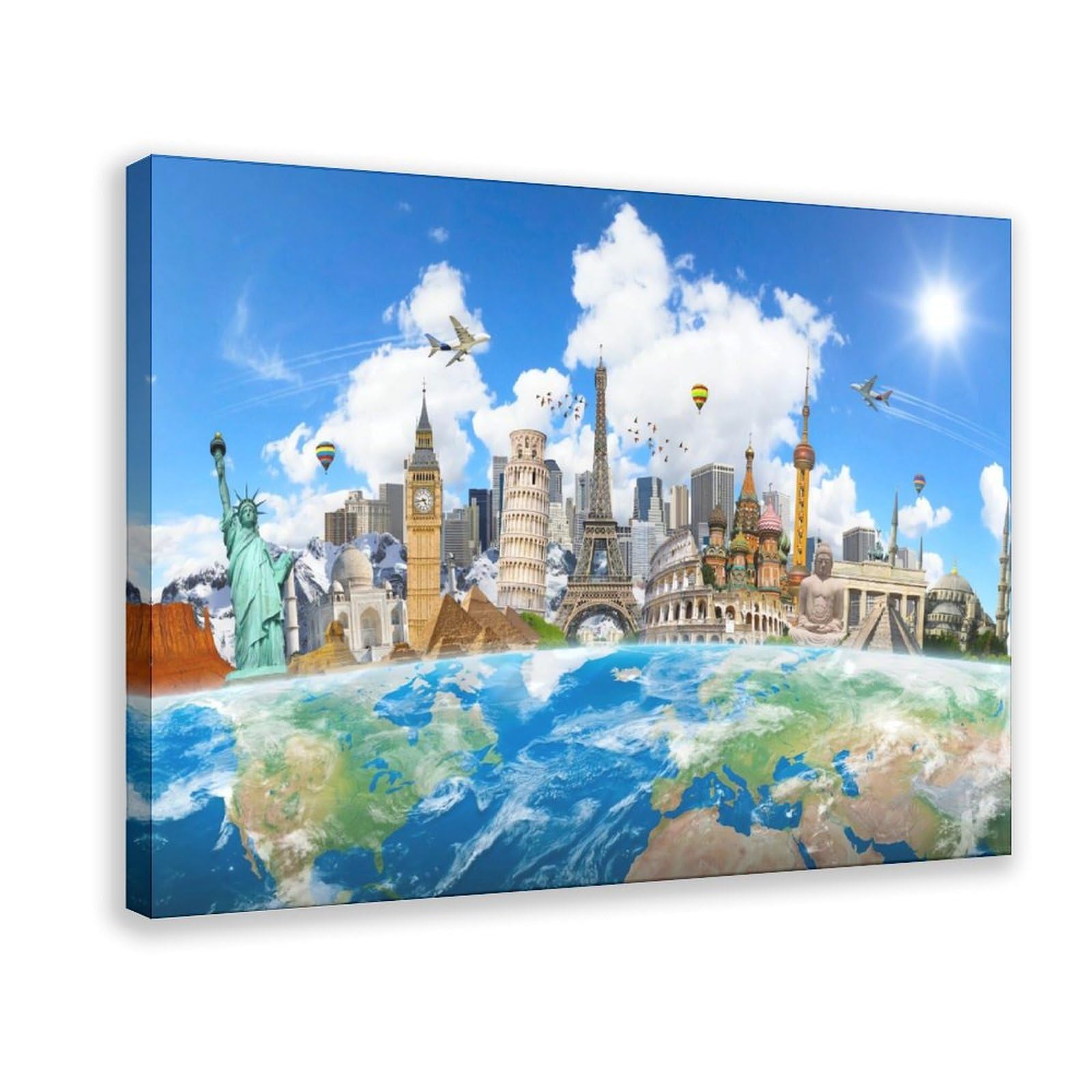 Qnvjqkdsi Frame World Map Famous Landmarks Wonders Art Canvas Poster Bedroom Decor Landscape Office Room Decor Gift 20" L X 30" W
