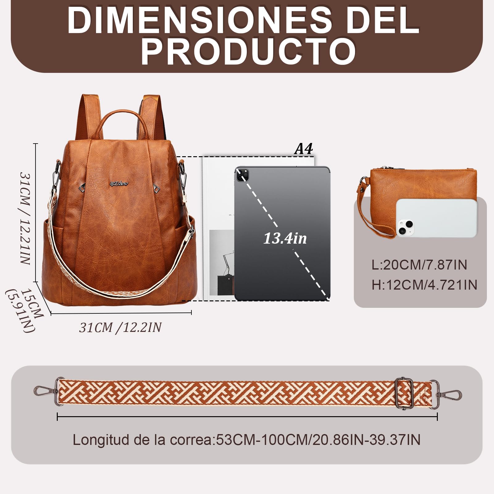 Eshow Mochila Antirrobo Mujer con Neceser Pequeño, Bolso Impermeable de Cuero PU, se Puede como Bandolera o de Mano para Trabajo Viaje Universidad Escuela y Compras