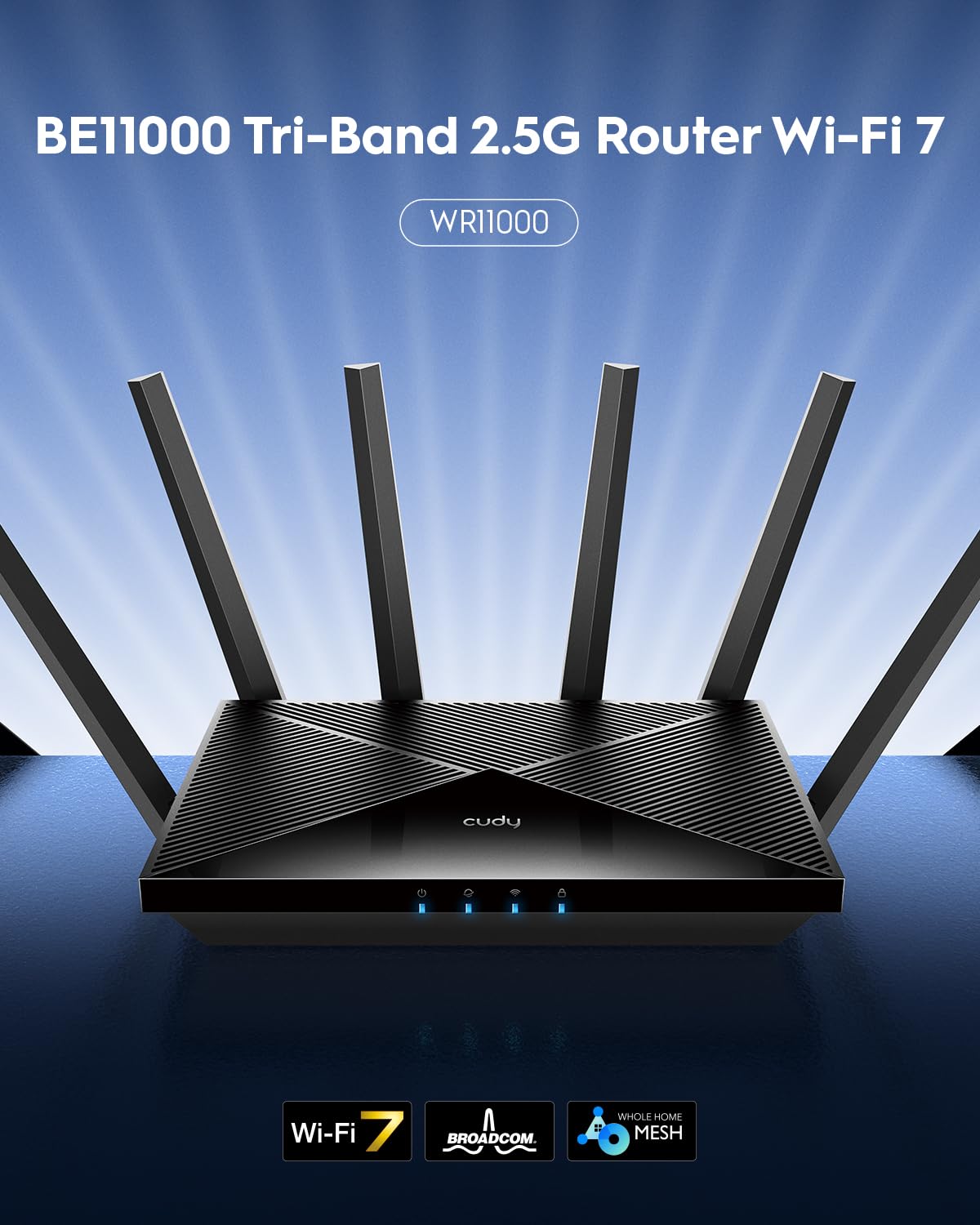 Cudy Tri-Band WiFi 7 BE11000 Router, 6-Stream 10 Gbit/s, 4 × 2,5G-Ports, bis zu 11000 Mbit/s, VPN-Server und -Client, Cudy-App und Mesh, 6 × Hochleistungsantennen, WR11000