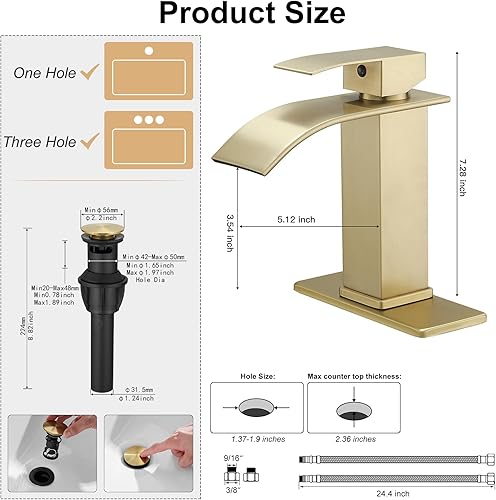 Miniatura 6 de Grifo de lavabo de baño de oro cepillado, cascada, de un solo agujero, tocador moderno con desagüe desplegable con desbordamiento de 1 o 3 agujeros,