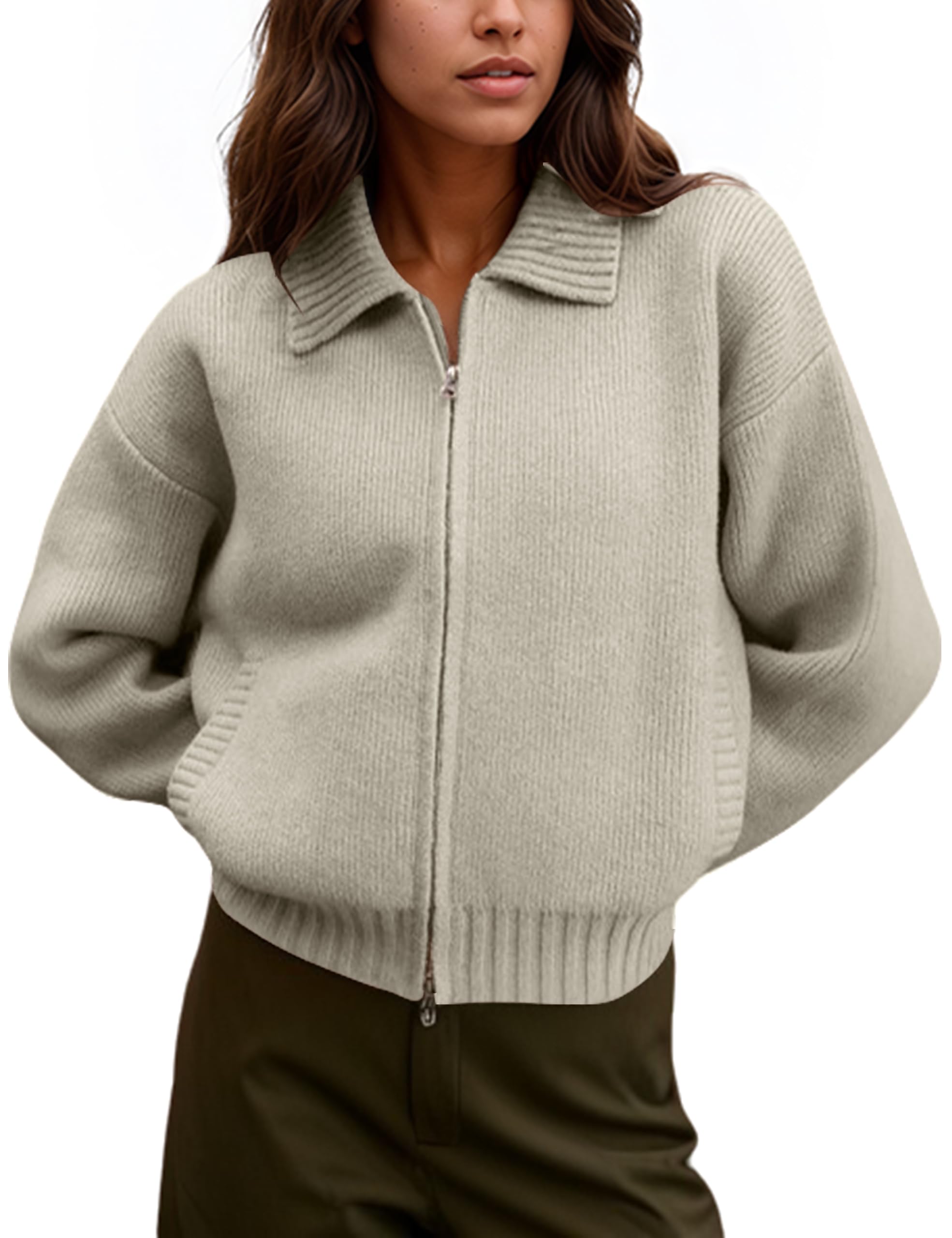 Womens Zip Up Cardigan Sweater Chunky Collared Open Front Long Sleeve Jackets with Pockets Outwear Coat