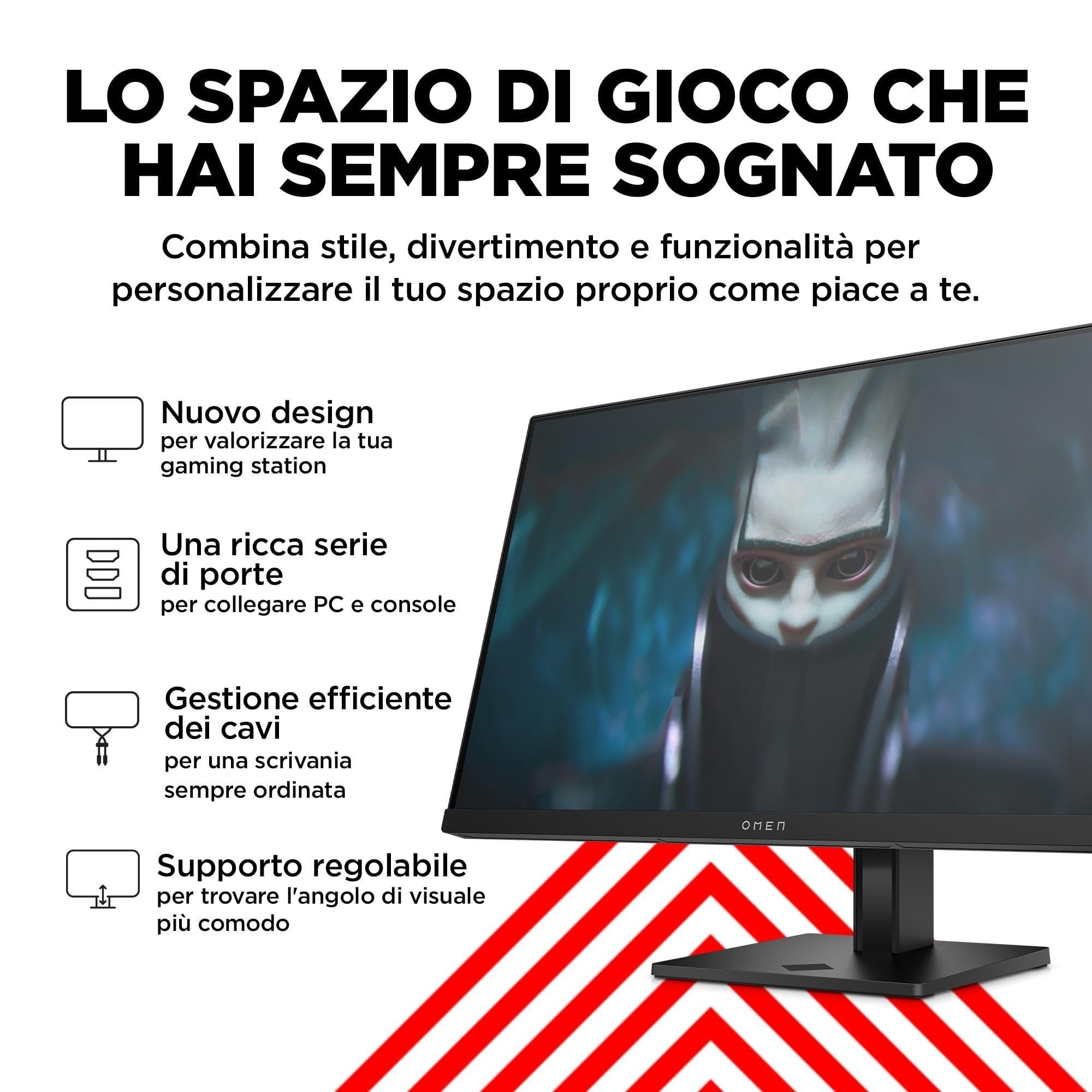 HP OMEN 24 FHD Monitor, Schermo da 24'' Full HD, Risoluzione 1920 x 1080 Pixel, Pannello IPS 16:9 da FHD – 165 Hz -1 ms, 1 ms, IPS - HDR 400-450 Nits, Antiriflesso, AMD FreeSync, USB, HDMI, Nero