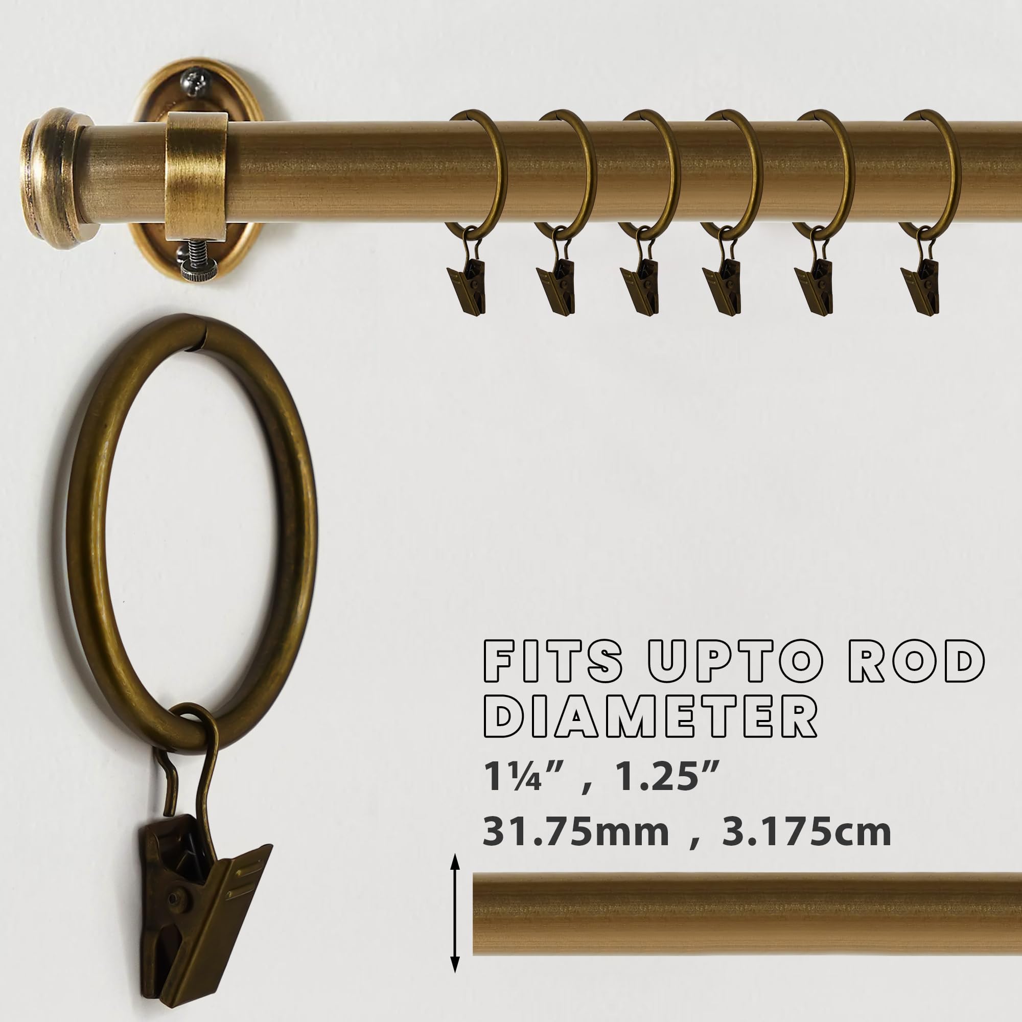 Set Of 20 Heavy Duty Bronze Curtain Rings With Clips - Fits Rods Up To 1.25 Inch Diameter