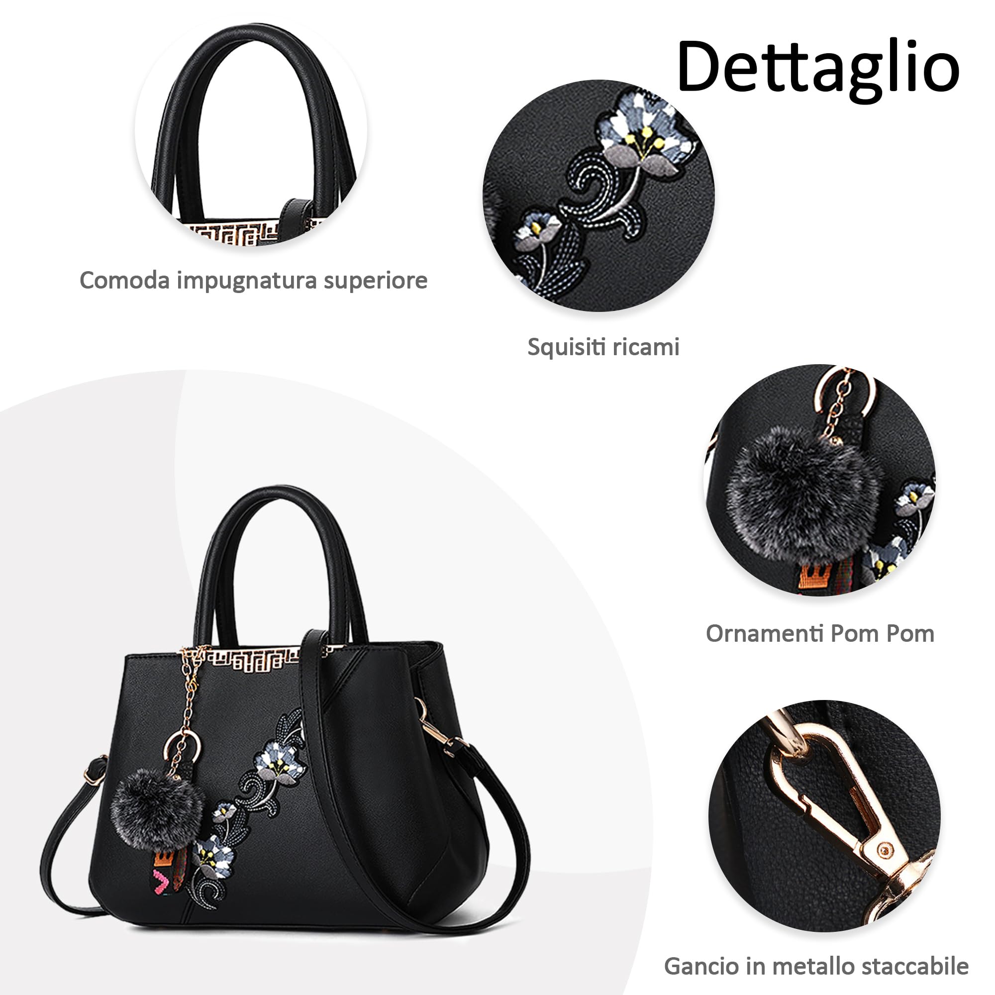 Borsa Donna a Mano, Borsa a Tracolla Elegante in Pelle PU, Borsa a Spalla Donna Grande con Ricamo Floreale e Pompon per Lavoro, Shopping, Viaggio e Uso Quotidiano Nero A