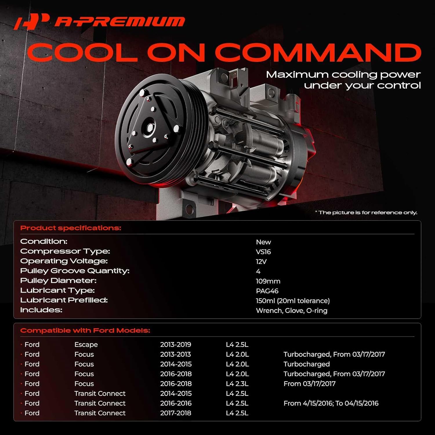A-Premium Air Conditioner AC Compressor with Clutch Compatible with Ford Escape 2013-2019 2.5L, Focus 2013-2018 2.0L, Focus 2016-2018 2.3L, Transit Connect 2014-2018 2.5L