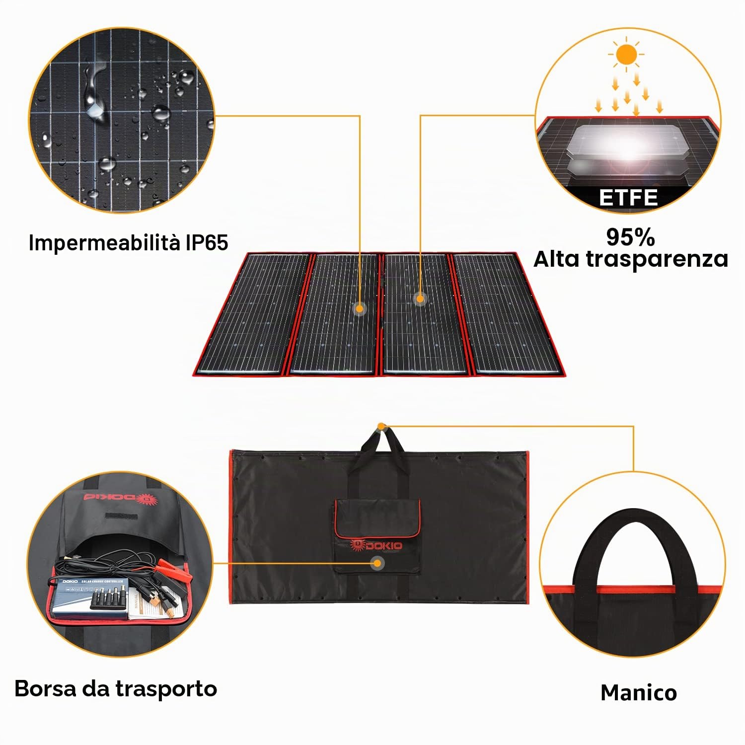 DOKIO 300W Pannello Solare Portatile Mobile e Pieghevole + 20A Regolatore con Presa USB 5V 2A