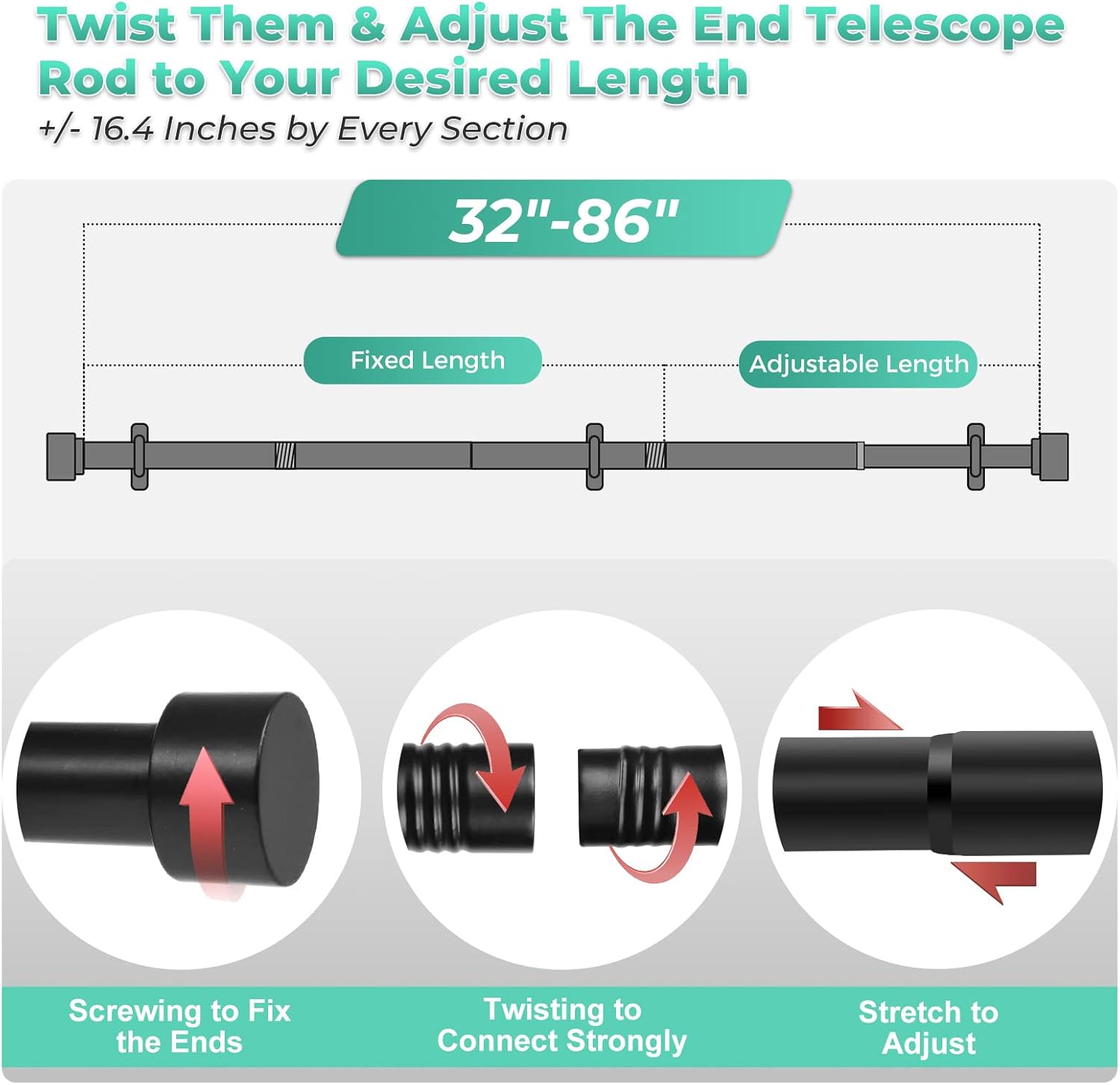 Curtain Rods for Windows 48 to 84 Inch, 1 Inch Black Rustic Curtain Rod For Bedroom, Indoor&Outdoor, Room Divider Adjustable Telescope Design Cap Finials