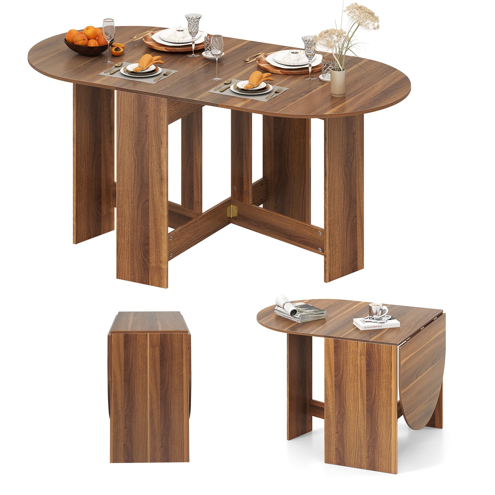 GIANTEX Mesa de Comedor Plegable de Madera para 4-7 Personas, 163 x 80 x 75 cm, Mesa Ovalada Multifuncional con Tablero Extensible, para Comedor, Salón, Dormitorio (Marrón)