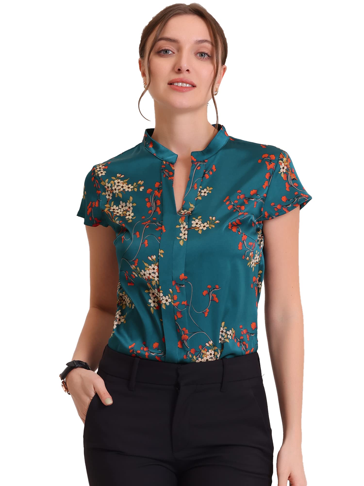 Allegra K Blusa de satén para Mujer Blusa de Trabajo Sedosa Floral con Cuello Alto