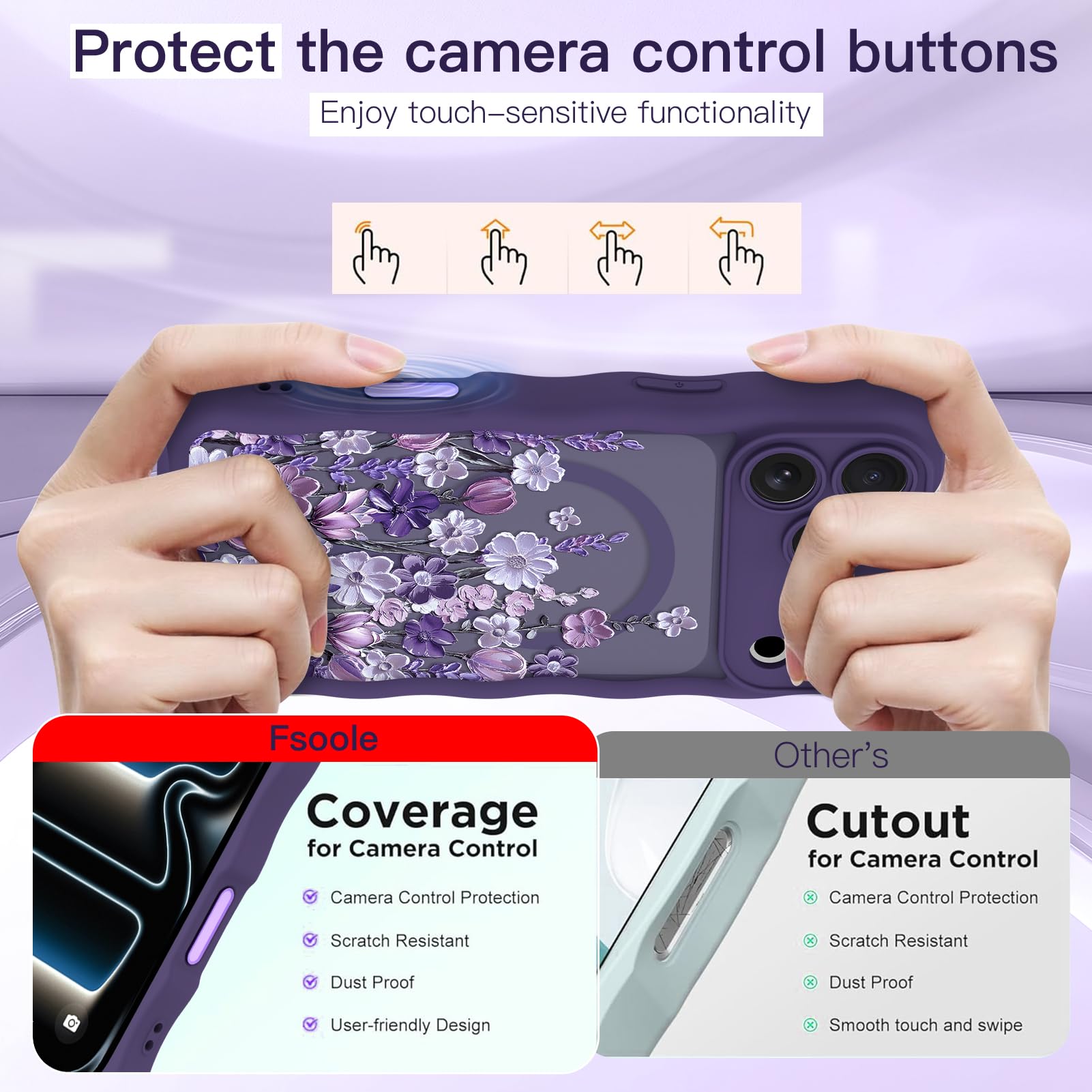 Custodia magnetica per iPhone 17 Pro ondulata da donna, viola scuro | [Compatibile con MagSafe] pittura a olio fiore con bordo ondulato, protezione completa della fotocamera, antiscivolo
