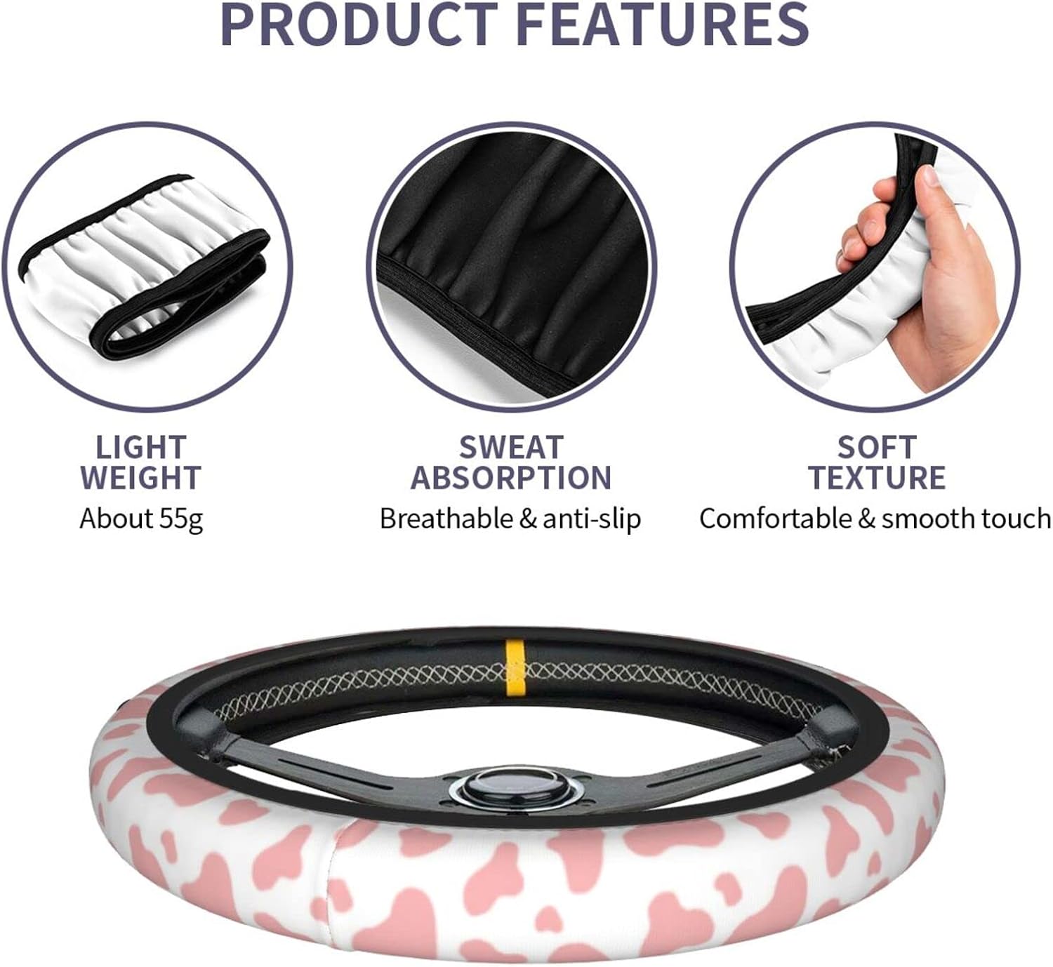 Pink Cow Print Steering Wheel Cover for Women Men with 2 Pcs Car Coasters, Universal 14.5-15 Inch Rainbow Steering Wheel Covers Non-Slip Car Accessories for Girls image 5