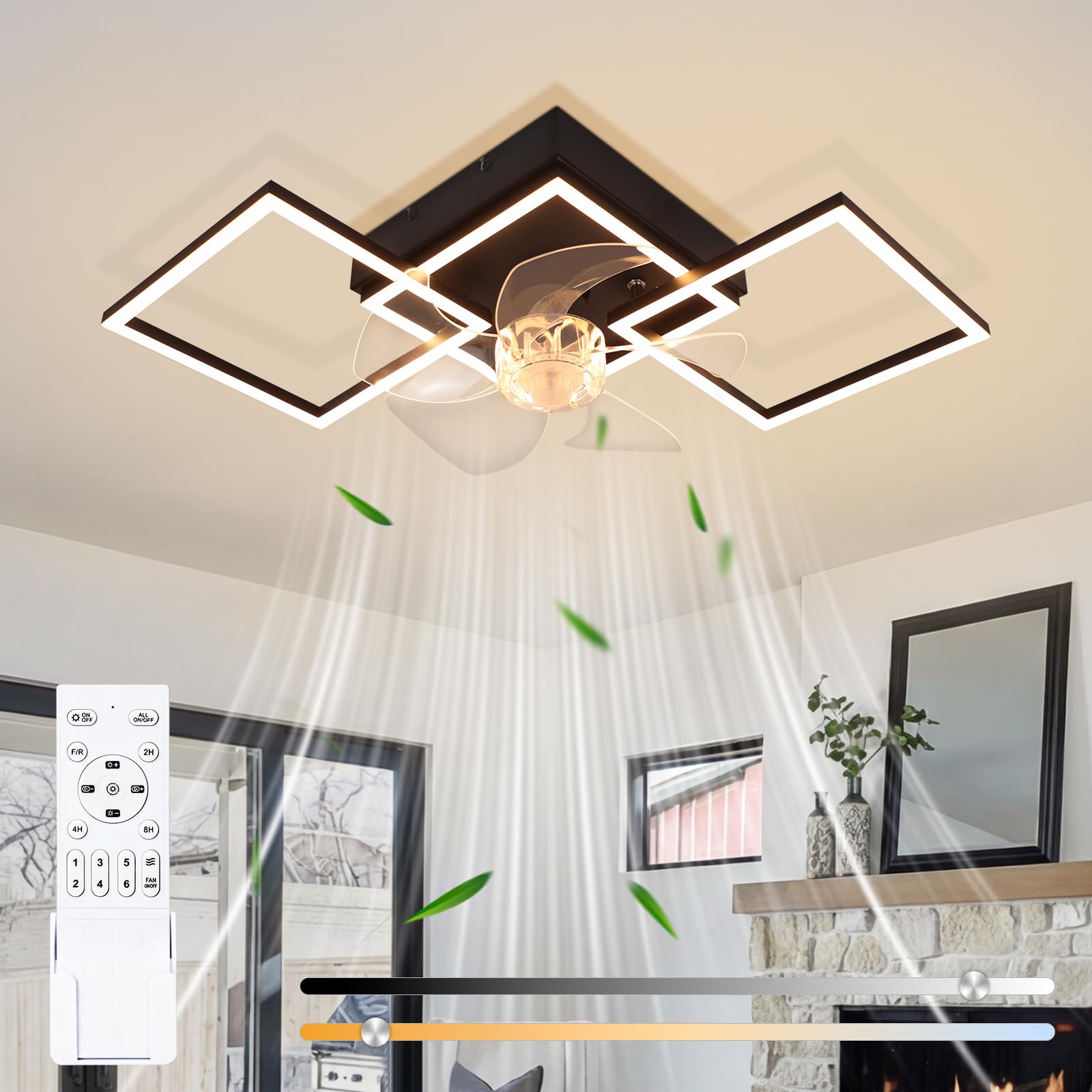 Homefire Moderne Deckenlampe mit Ventilator 68cm - Deckenventilator mit Beleuchtung 6-Gang LED Deckenventilatoren mit Licht Dimmbar mit Fernbedienung Timer für Wohnzimmer Esszimmer | Beleuchtung, 6 Geschwindigkeiten LED Deckenventilator mit Beleuchtung, D