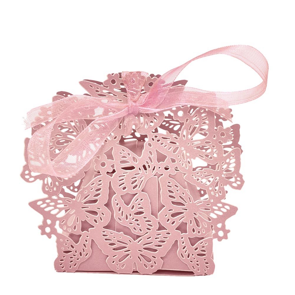 200 szt. eleganckie prezenty dla gości weselne pudełko różowe, laserowo Cut papier perłowy multi-motyle pudełka słodycze / cukierki/czekolada/mała biżuteria pudełko prezentowe bombonierka prezent