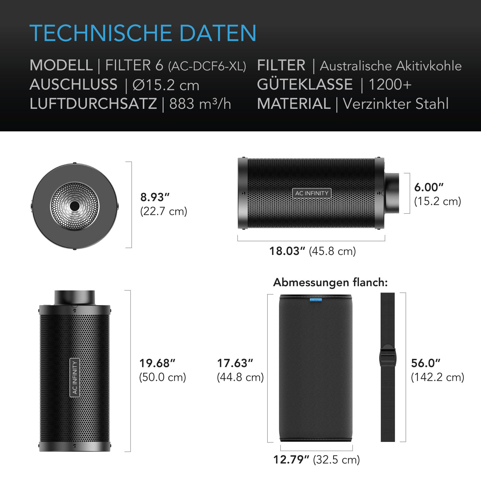 AC Infinity Aktivkohlefilter XL 150mm mit mit hochwertiger australischer Virgin-Kohle, für Inline-Rohrventilatoren, Geruchskontrolle, Hydrokulturen, Grow Räume