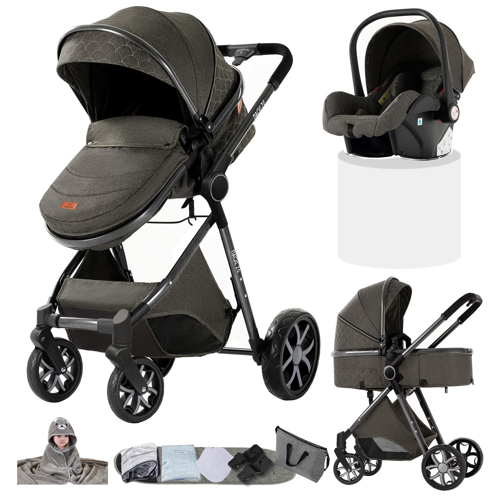 Carro Bebe 3 Piezas, Carrito Bebe 3 en 1 con Dos Modos de Empuje Reversibles, Cochecito Tres Piezas con Capazo Grande Cómodo, Carricoche Tres Pieza Alto Paisaje (YV9 Deep Grey)