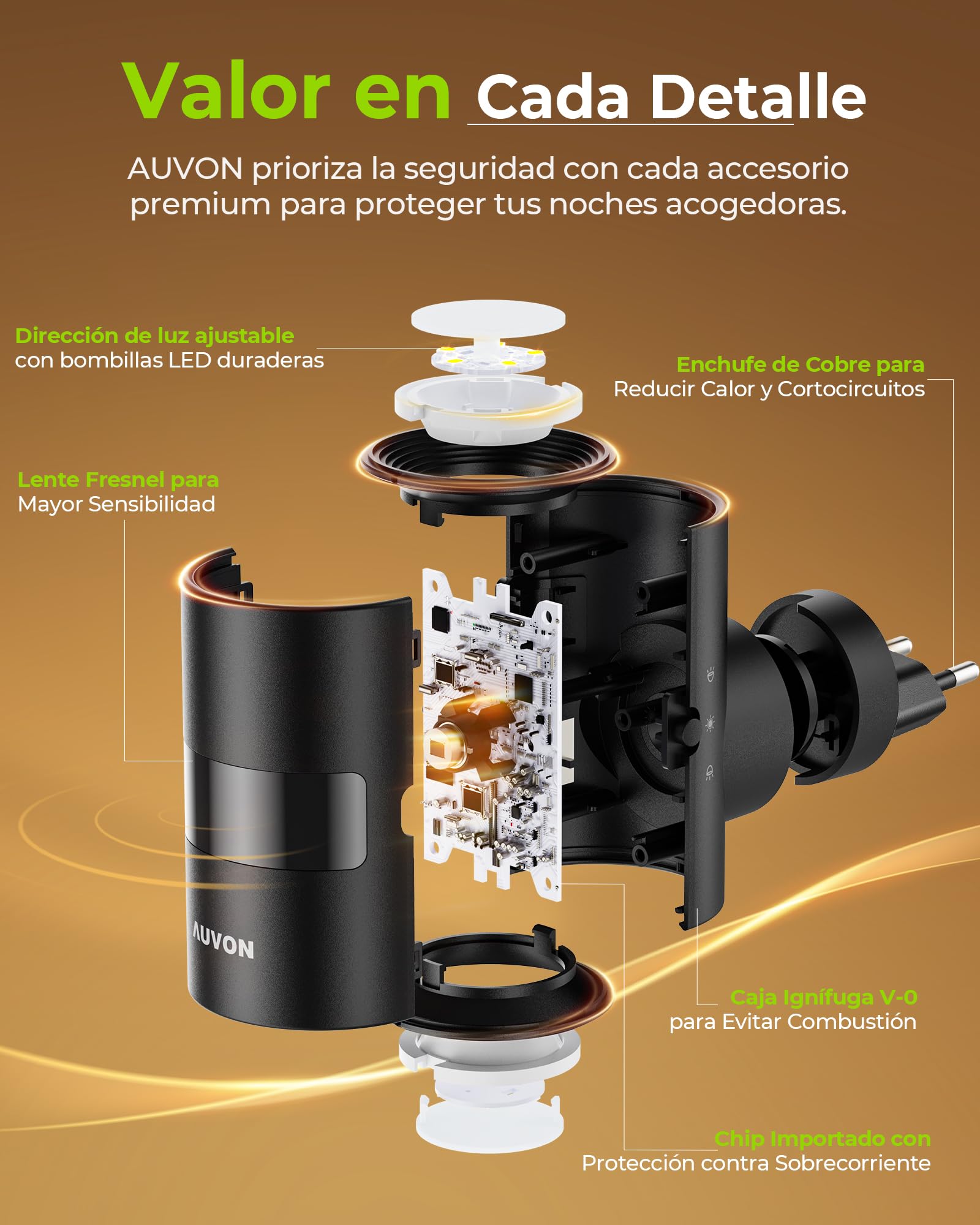 AUVON Lámpara de Noche Enchufable con Sensor de Movimiento y Sensor Crepuscular, Iluminación Superior e Inferior, Luminosidad Ajustable, Innovadora Rotación de 90° para Dormitorio, Pasillo, Cocina