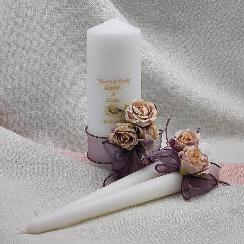 Vela para boda Organza violeta – Ceremonia de la luz -Set de tres velas de ceremonia de la luz para boda.-(violeta)