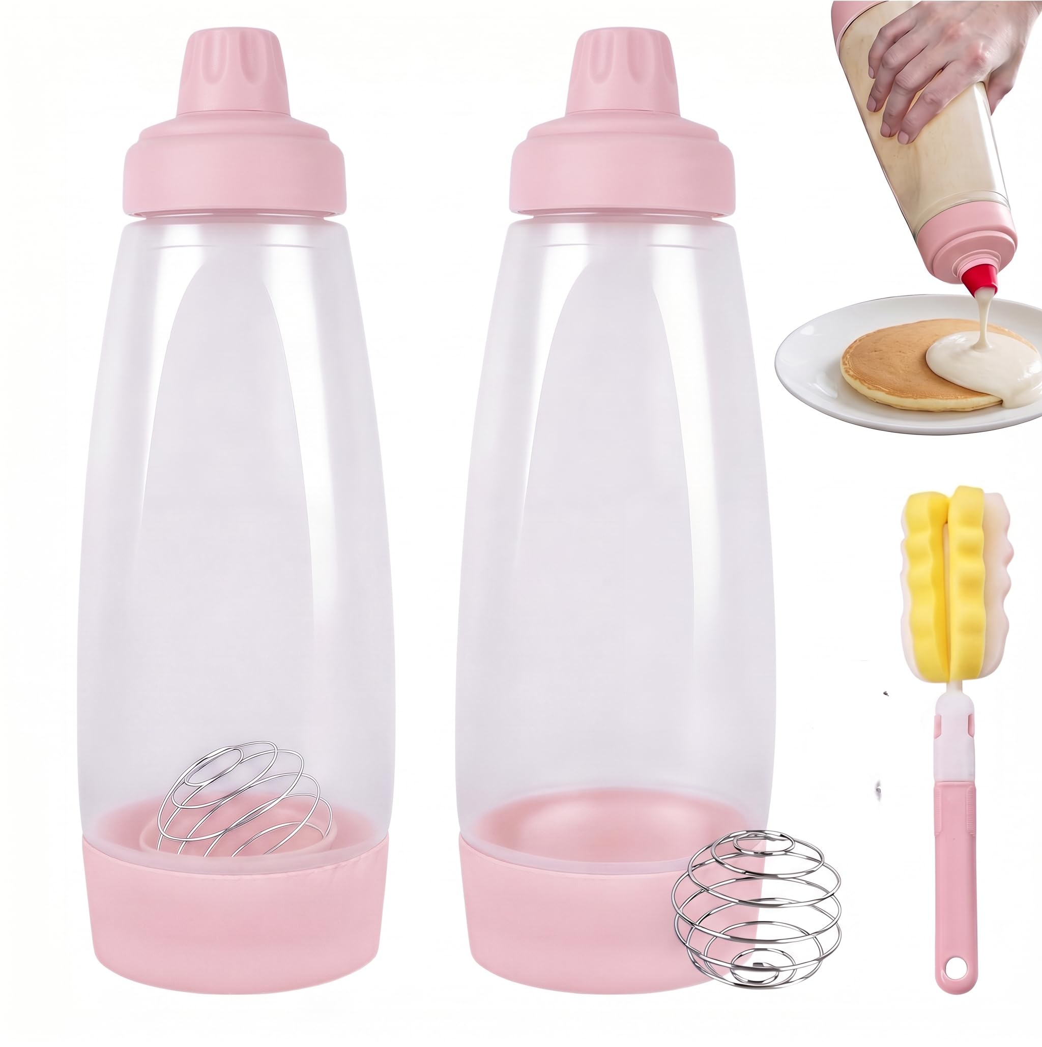 Pancake Batter Dispenser, 2 PCS 1000ML Hand Batter Dispenser Fitted (Pink)
