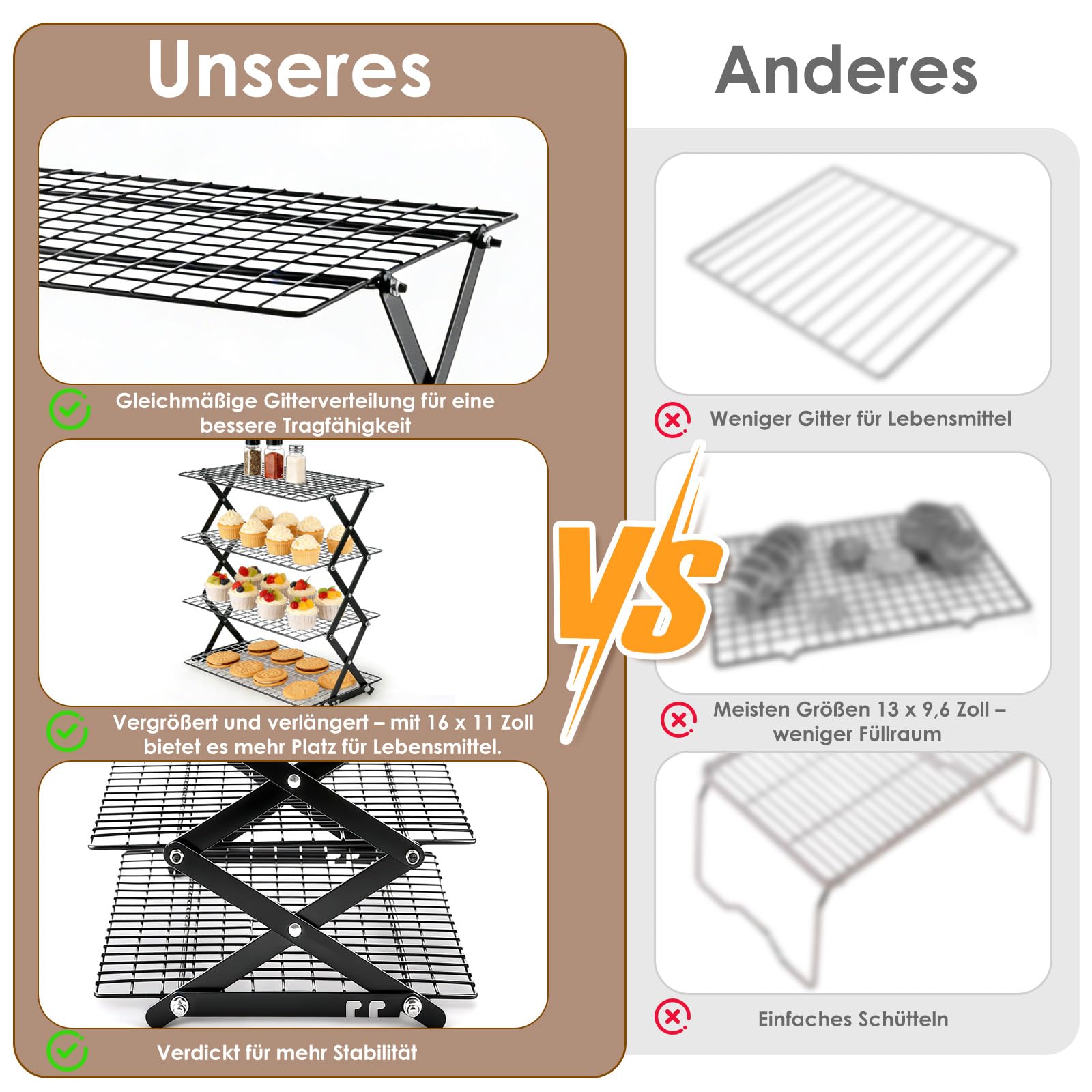 Grille de refroidissement empilable à 4 étages - Grille de refroidissement pour la cuisson et la pâtisserie - 40 x 25 x 46 cm - Noir