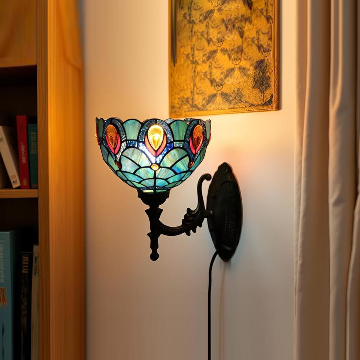 Tiffany Sconce Lamp Stained Glass Wall Lamp,8X10.5X11 Inch Plug in Wall Bedside Light for Hallway Bedroom (Brown Crystal)