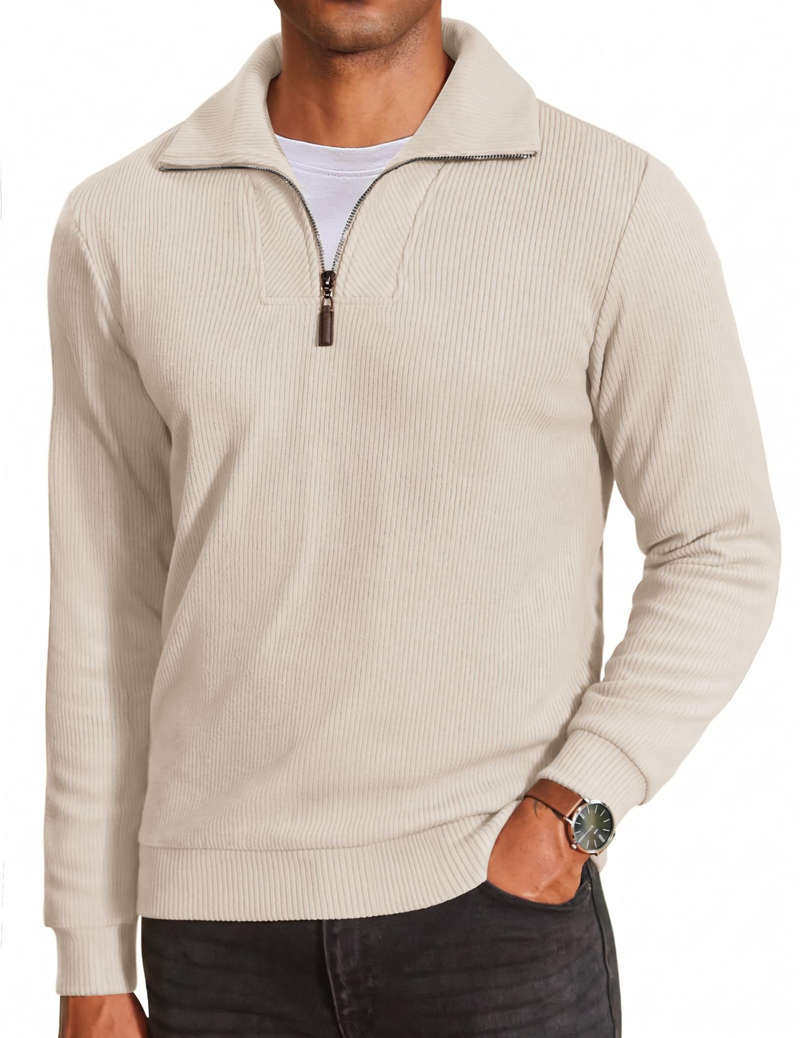 COOFANDY Men's Soft Quarter Zip Pullover Mock Neck Corduroy Sweatshirt Global Recycled Standard Global Recycled Standard Global Recycled Standard ISCC PLUS