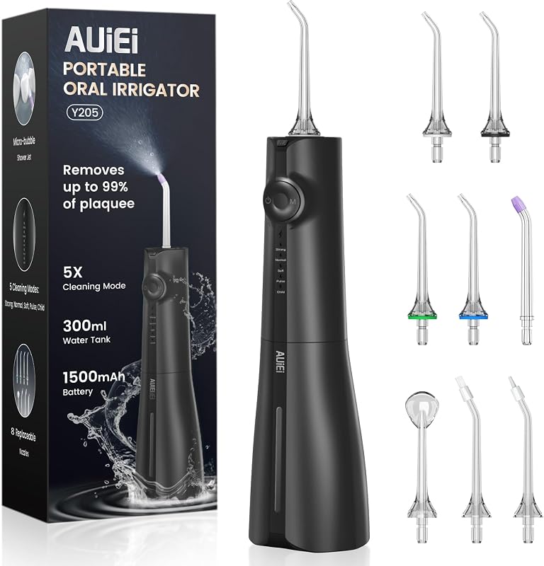 AUIEI Water Flosser Pick for Teeth & Braces, 300ML Cordless Power Dental Flossers with 8 Jet Tips, Oral Irrigator 5 Pressure, IPX7 Waterproof, Portable for Home Travel
