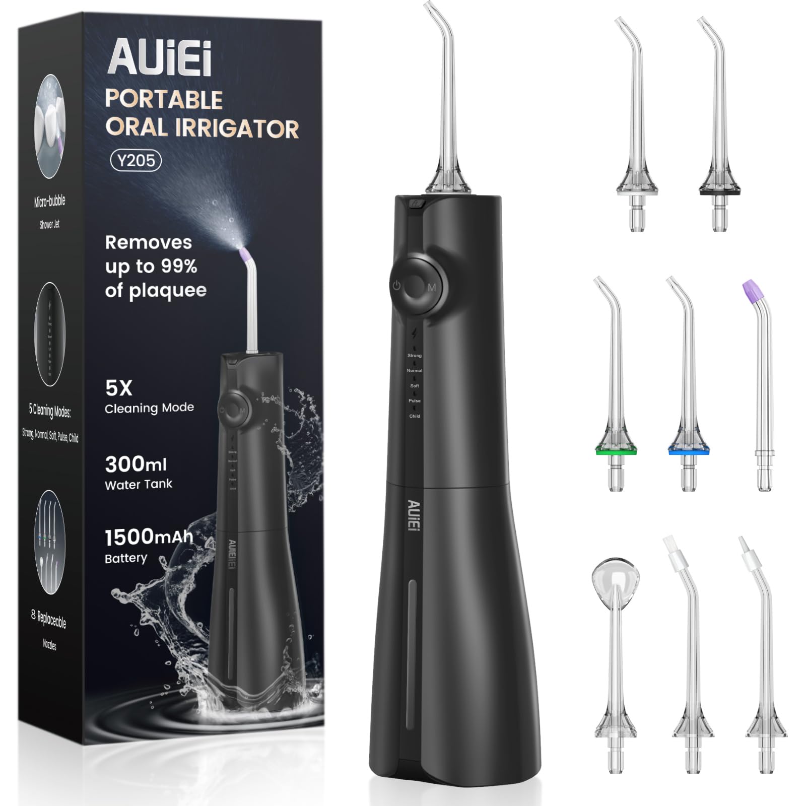 AUIEI Pick de hilo dental de agua para dientes y aparatos ortopédicos, 300 ml de hilo dental inalámbrico Power con 8 puntas de chorro, irrigador bucal 5 modos de uso, impermeable IPX7, portátil para