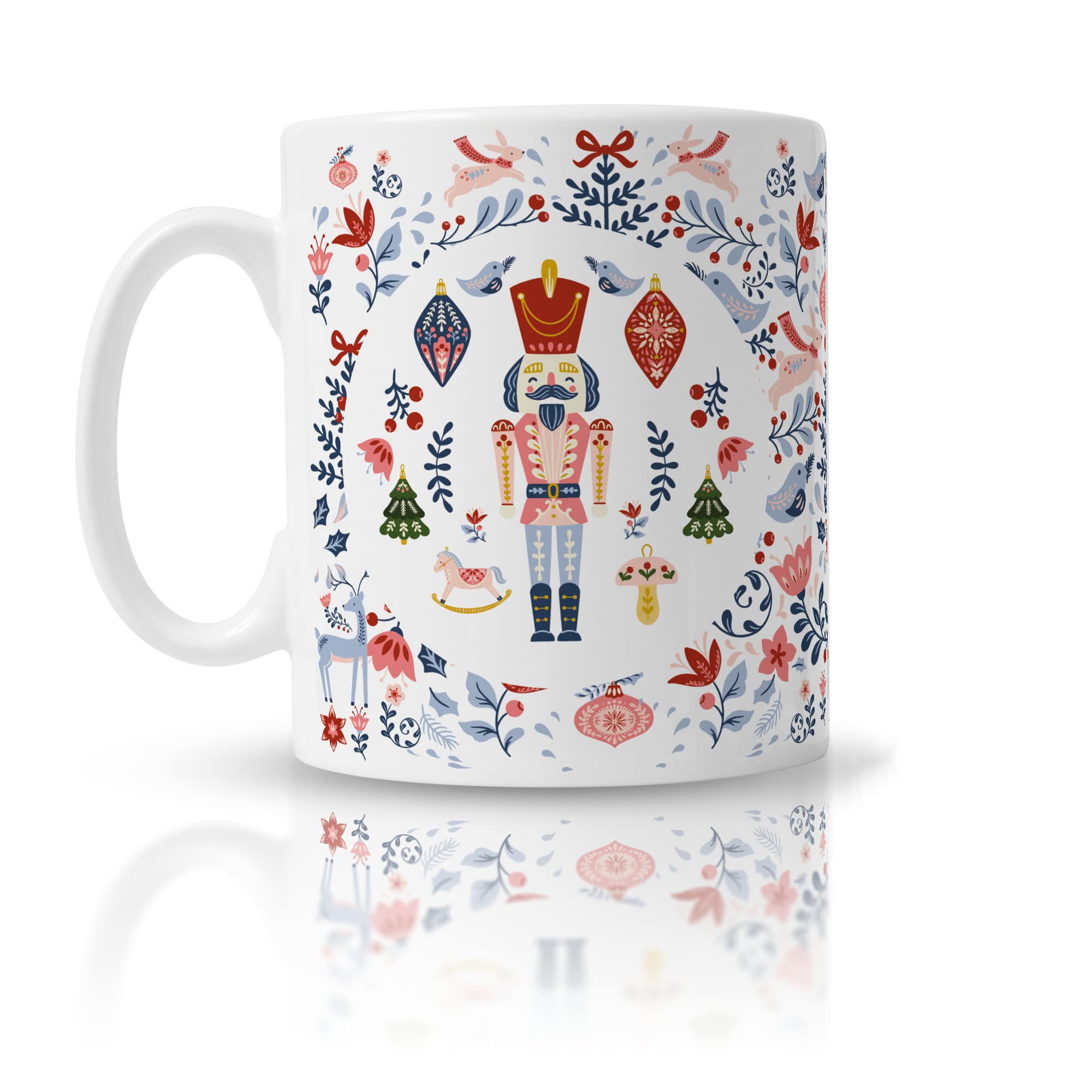 Pink Positive Nutcracker Christmas Mug with Folk Nordic Pattern, White, 10 oz