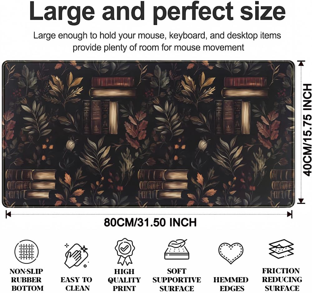 Vintage Plant Desk Mat Gaming Large Mouse Pad, Vintage Books Gothic Desk Pad Bookcase Mouse Mat XXL Laptop Keyboard Pad, Laptop Keyboard Mousepad Aesthetic Accessories for Women 31.5" X 15.7" - Image 3
