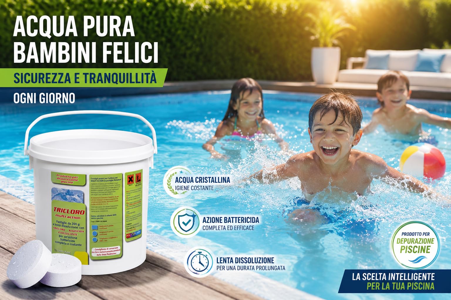 NewPlast 0961 Tricloro Piscina 5 Azioni, Pastiglie da 200 g, 5 kg