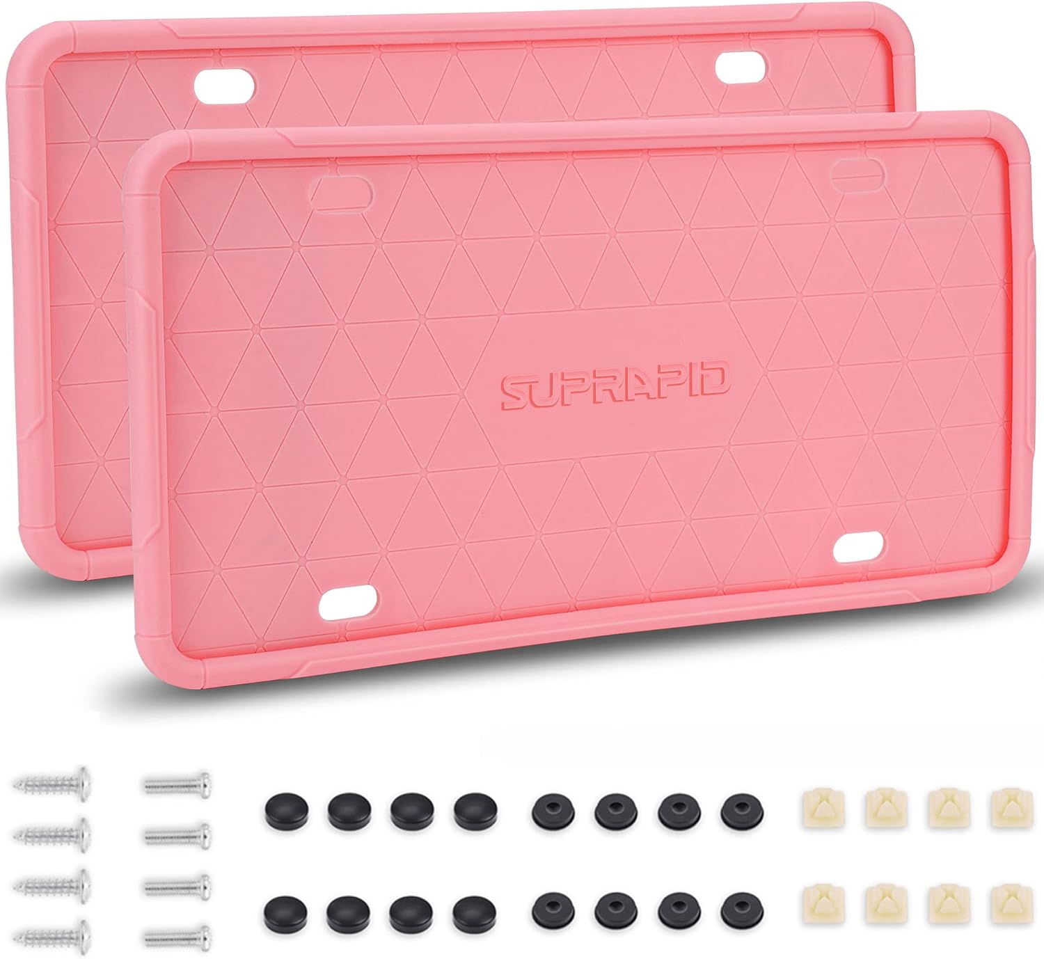 Silicone License Plate Frame with Mounting Accessories, 2 Pack SUPRAPID Universal Car Plate Holders Covers, Rust-Proof, Rattle-Proof, Weather-Proof, Crack-Proof, High Temperature Resistance (Pink)