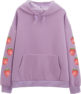 KEEVICI Womens Cute Sweatshirt Strawberry Sleeve Printed Cotton Warm Hoodie with Pocket