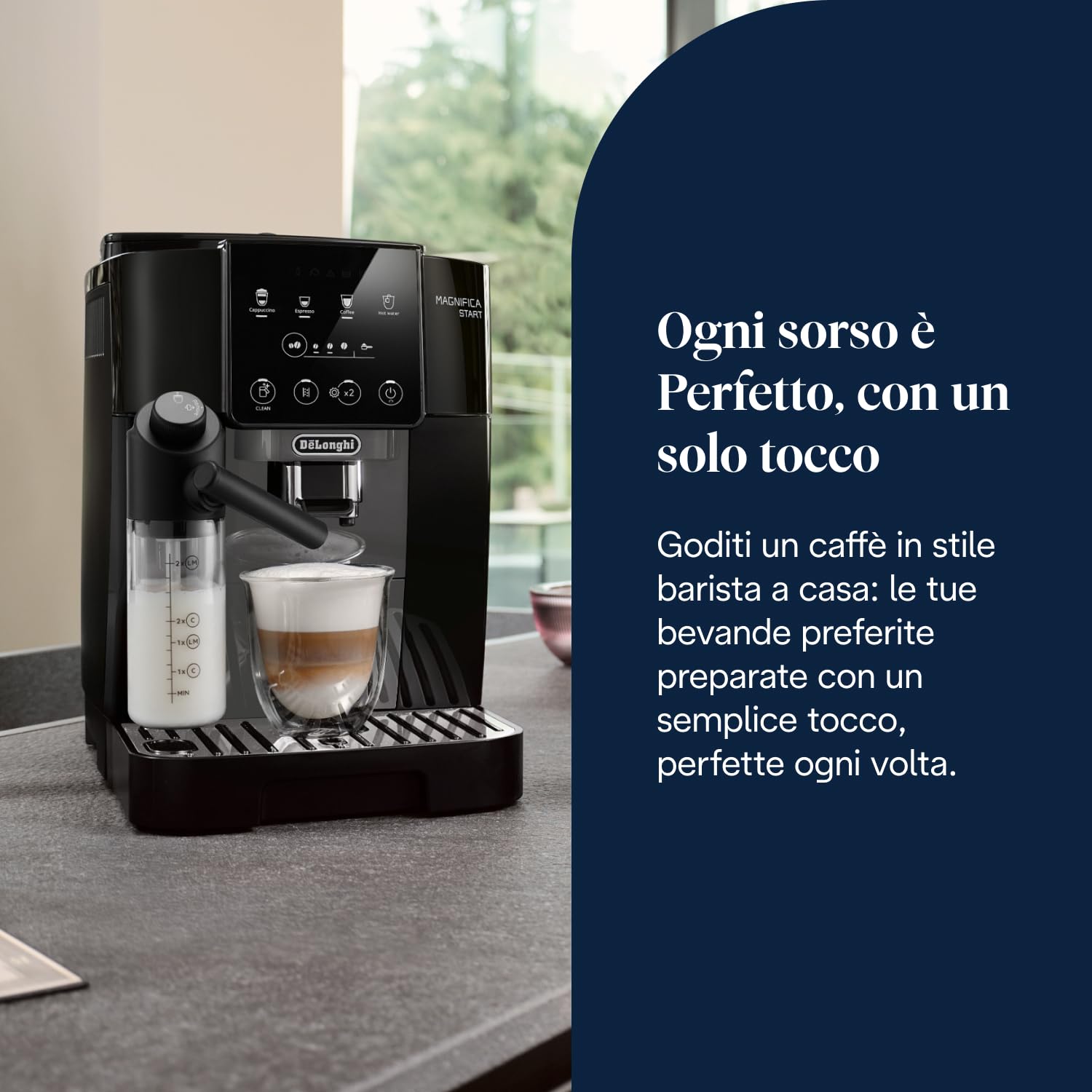 De’Longhi Magnifica Start – Perfetto Macchina da Caffè Automatica, LatteCrema Montalatte Automatico, 4 Bevande in un Solo Tocco, Espresso, Cappuccino, Comandi Soft Touch, Nero e Grigio (ECAM222.60.BG)