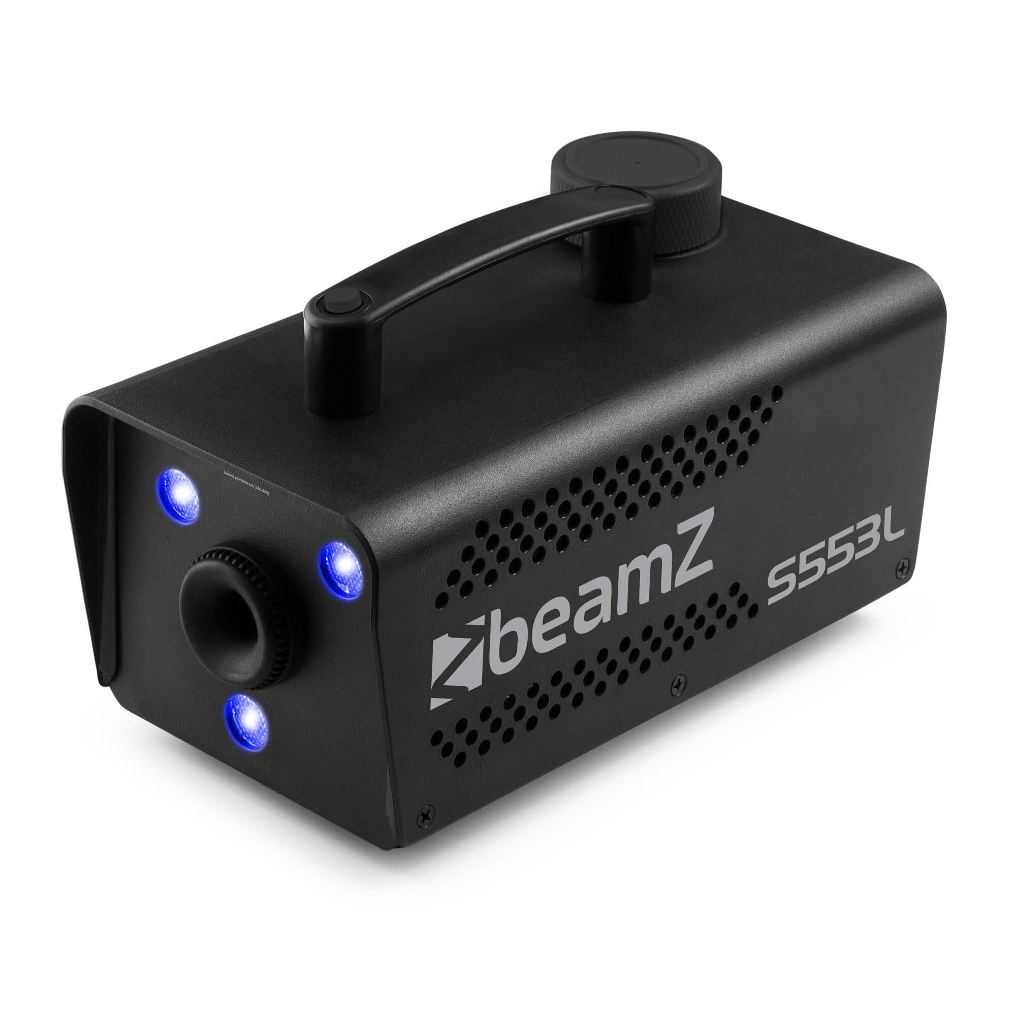 BeamZ S553L máquina de humo 550W con LEDs RGB y efecto estroboscópico, lista en 2,5 min, salida 50 m³/min, incluye 2L de líquido, compacta y portátil para fiestas y eventos