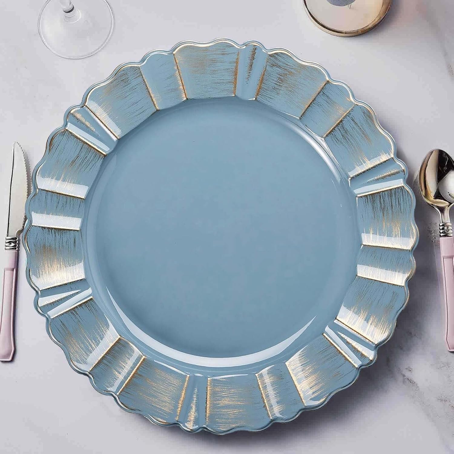 Efavormart 12-Pack Acrylic Plastic Charger Plates 13" Round Dusty Blue with Gold Brushed Wavy Scalloped Rim - Dinner Charger Tableware