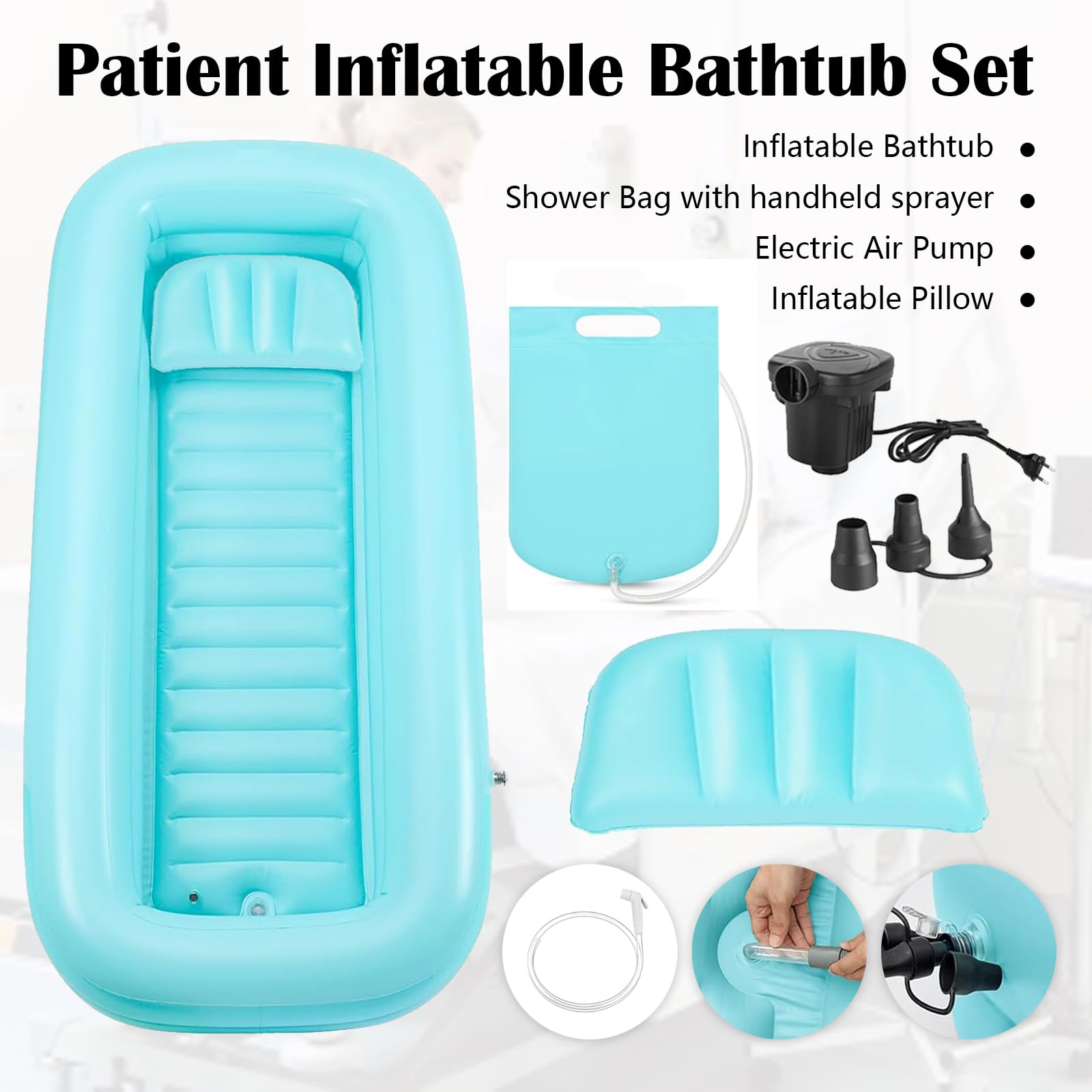 Bañera Inflable, Juego de Bañera de Ducha Inflable con Bomba de Aire Eléctrica y Cabezal de Ducha Eléctrico Cama Hinchable Portátil Sistema de Ducha en Cama